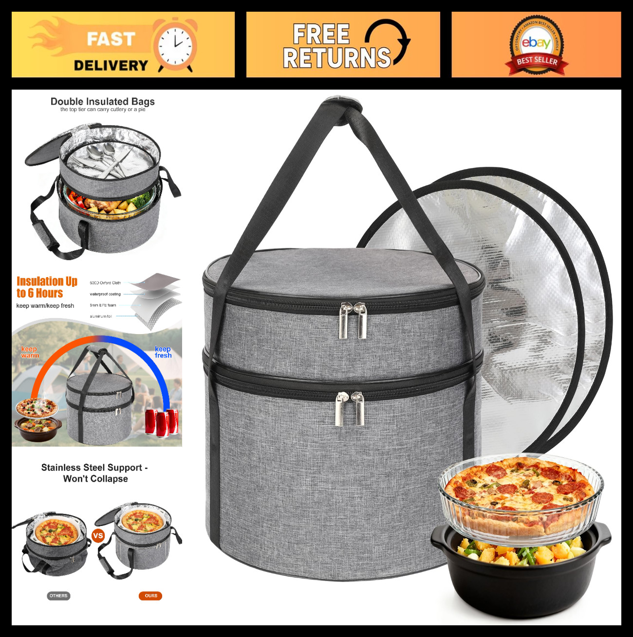 Insulated Round Casserole Carrier for Hot/Cold Food – 2-Tier Pie Transport Case
