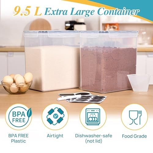 Extra Large 9.5L Airtight Storage Containers – 2 Pack for Flour, Sugar, Rice, Ba