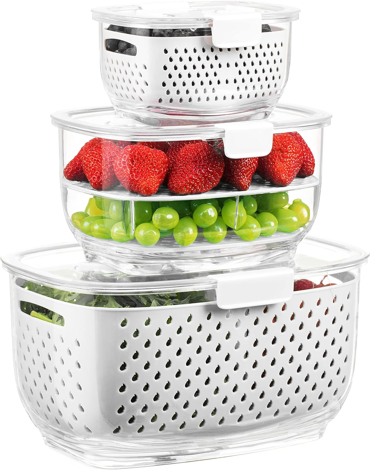 Fresh Produce Vegetable Fruit Storage Containers 3Piece Set, Bpa-Free, Partition