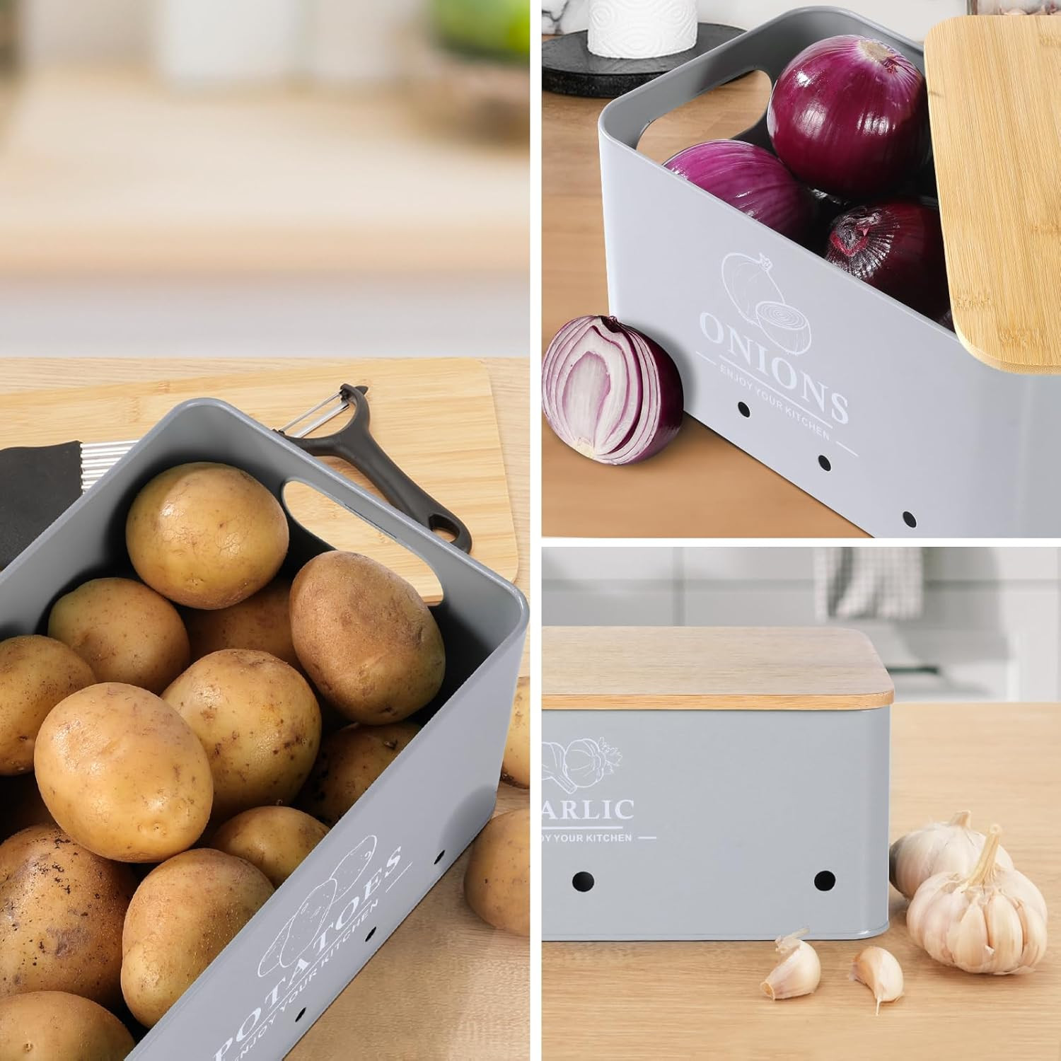 Kitchen Vegetable Storage Set of 3, Metal Onion Garlic Potato Storage Set, Kitch