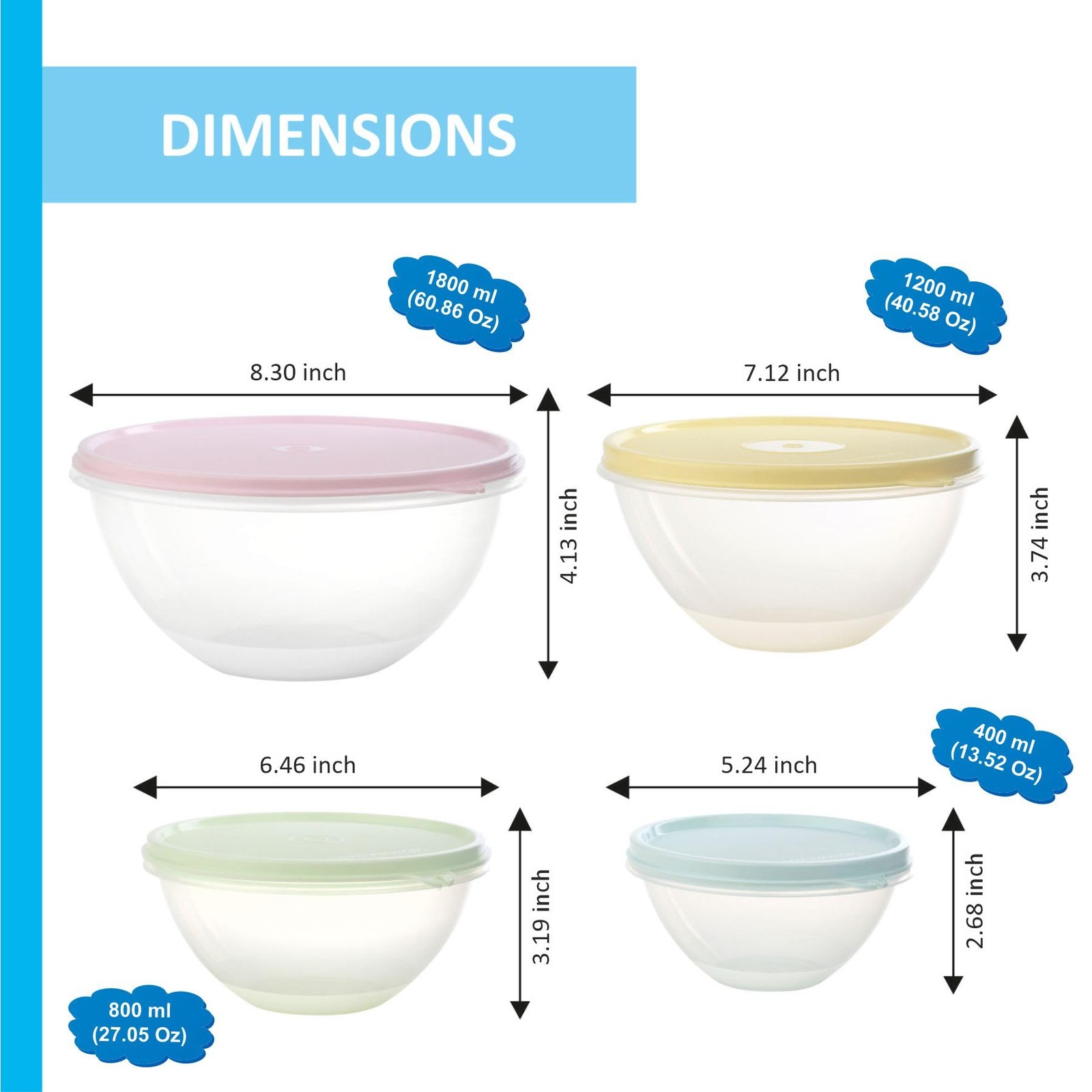 Food Storage Containers with Lids Set of 4 – 60oz, 40oz, 27oz, 13oz Meal Prep…