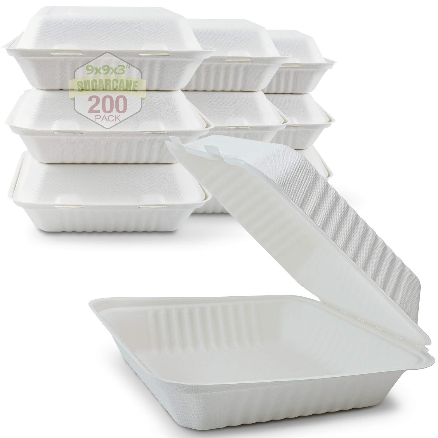 200 Count 1-Compartment Bagasse Clamshell Food Boxes Compostable Takeout Party