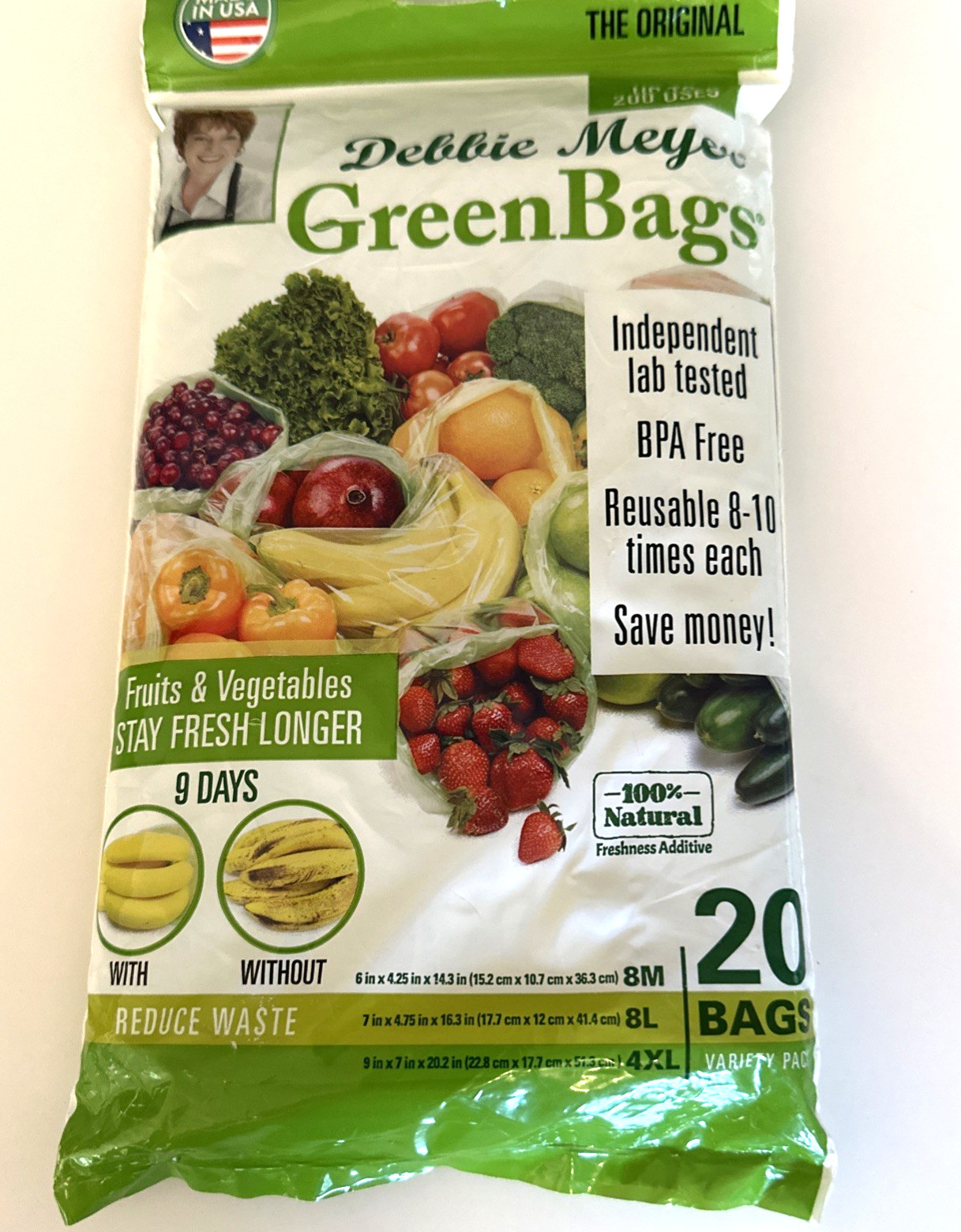 Green Bags 20Pack (8M, 8L, 4XL) Keeps Fruits Vegetables and Cut Flowers Reusable