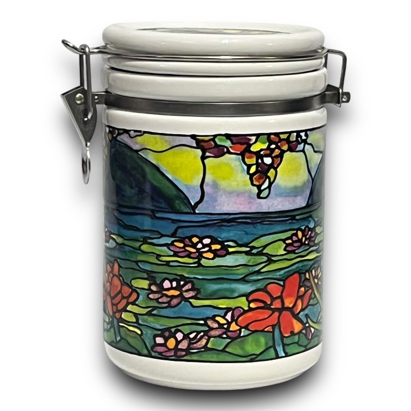 Tiffany Style Ceramic Locking Jar Museum Co. Stained Glass Art RARE Vintage