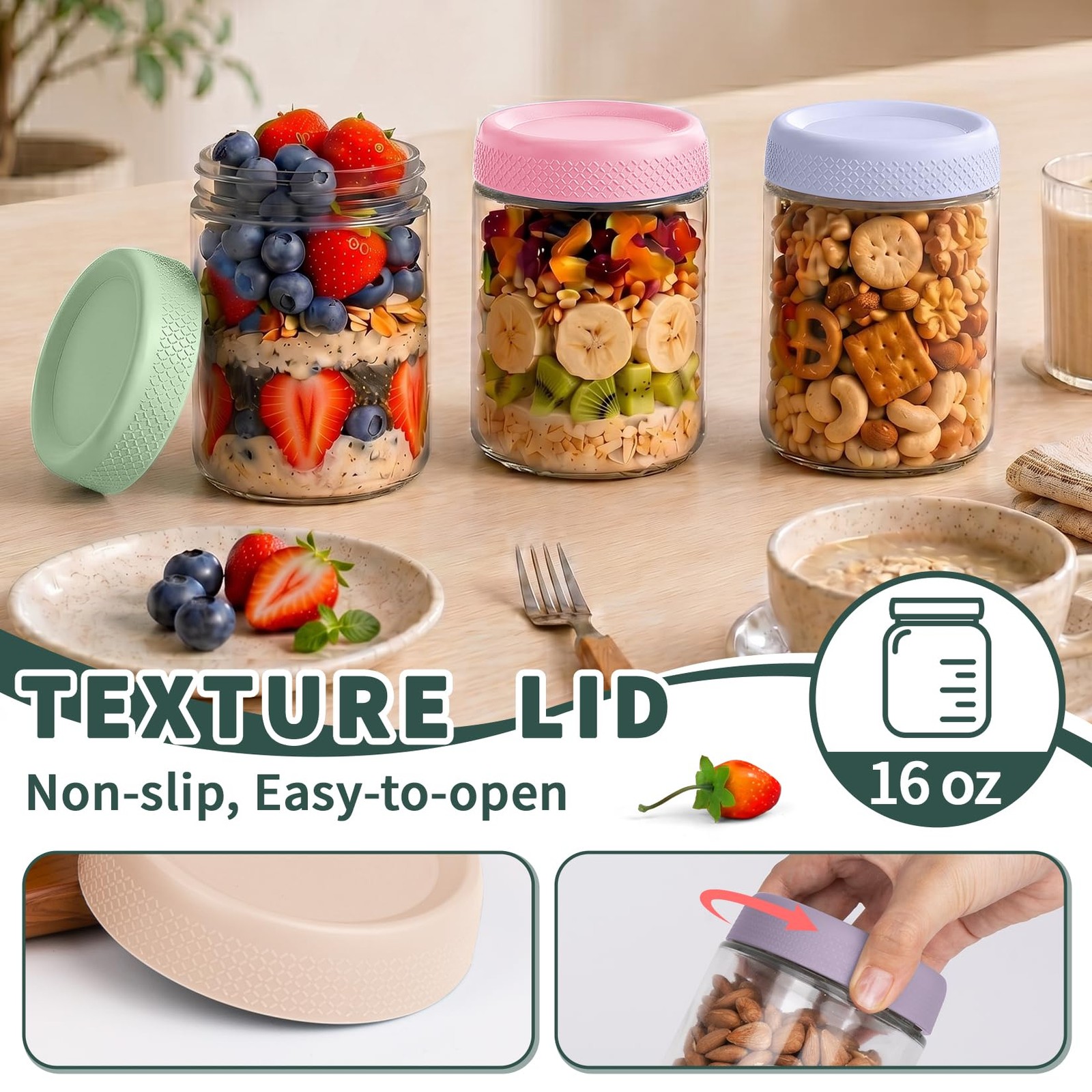 SECLENT 16 oz Mason Jars, Overnight Oats Pastel Harmony, Harmony