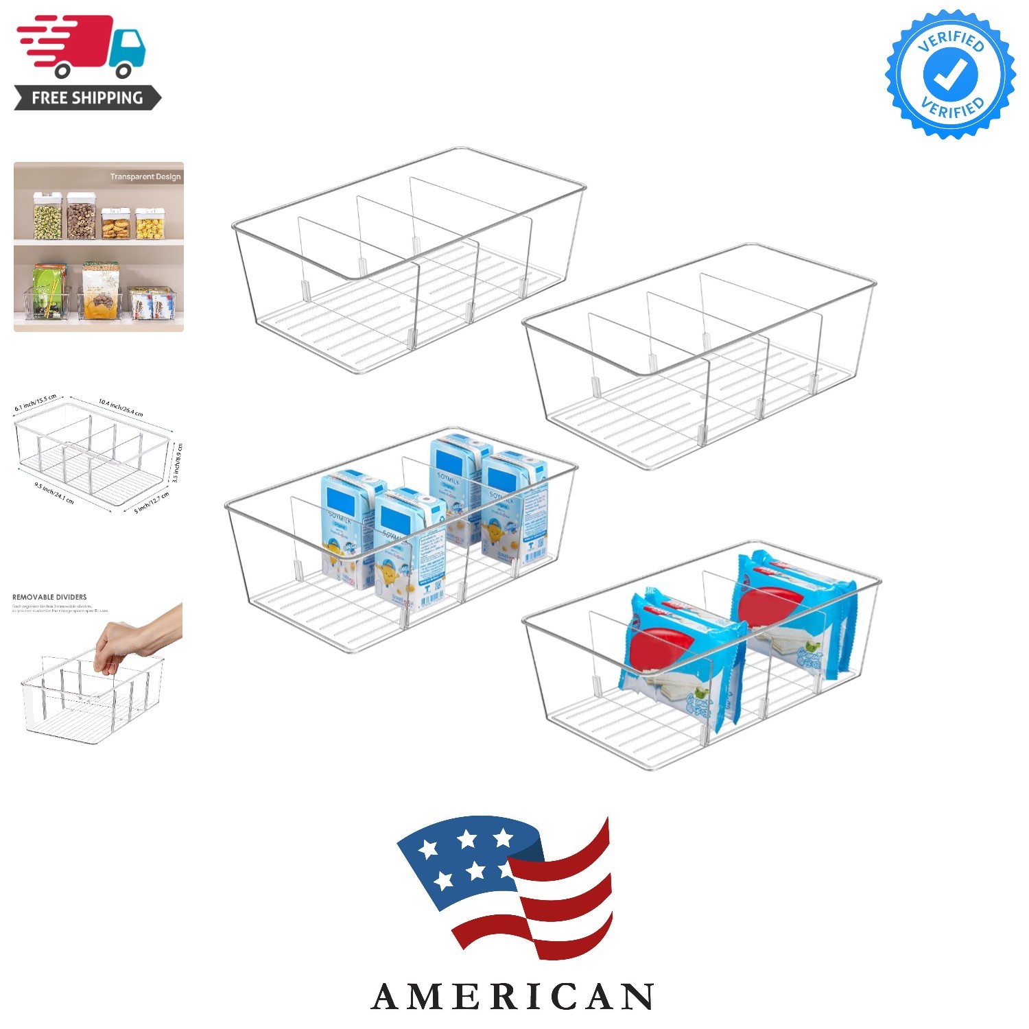 4 Pack Food Storage Organizer Bins, Clear Plastic Bins for Pantry, Kitchen, F…