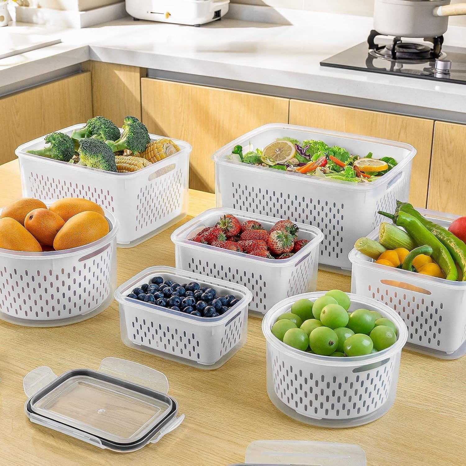 Stackable BPA Free Fridge Containers – 4 pcs Airtight Storage with Colanders