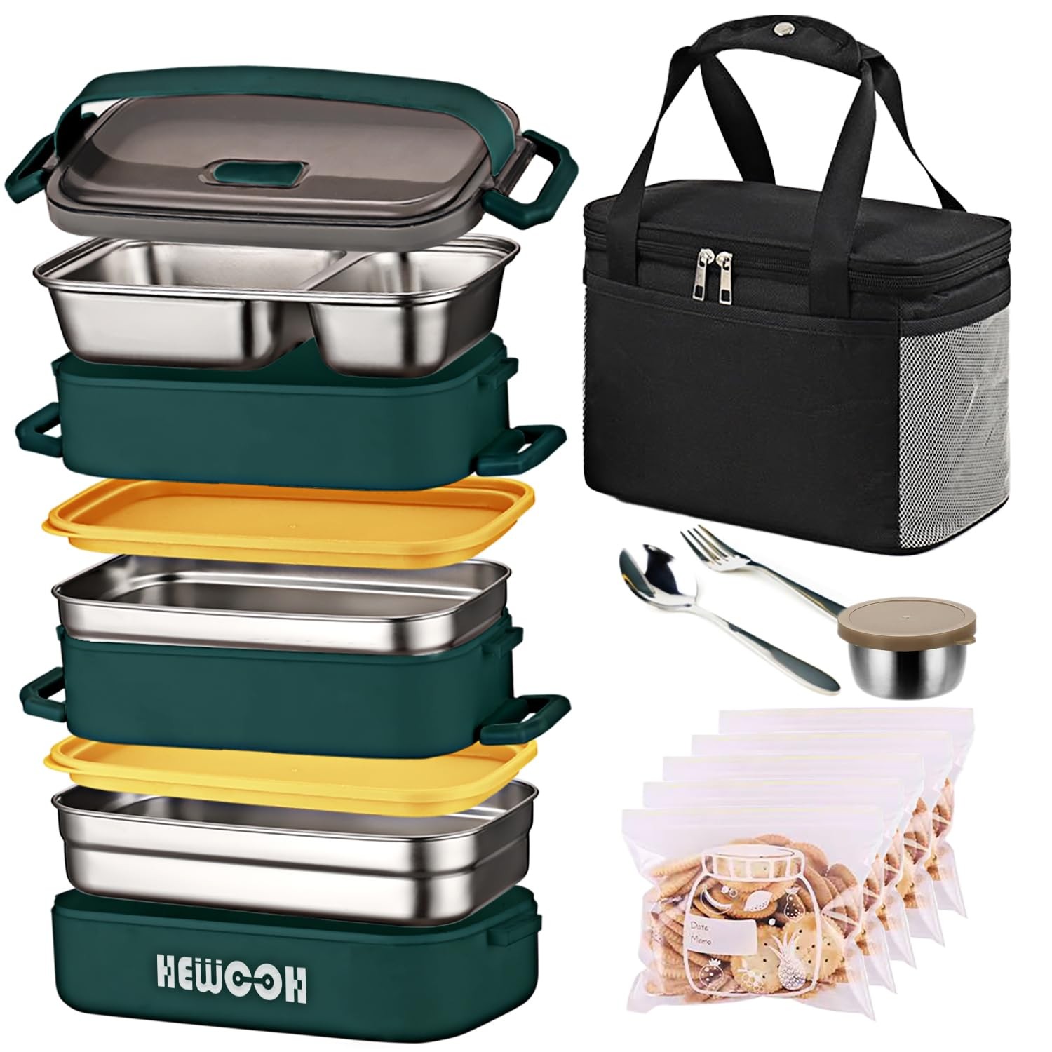 HEWOOH 74oz Large Bento Box for Adults, Reusable Lunch Container w/Bag & Utensil