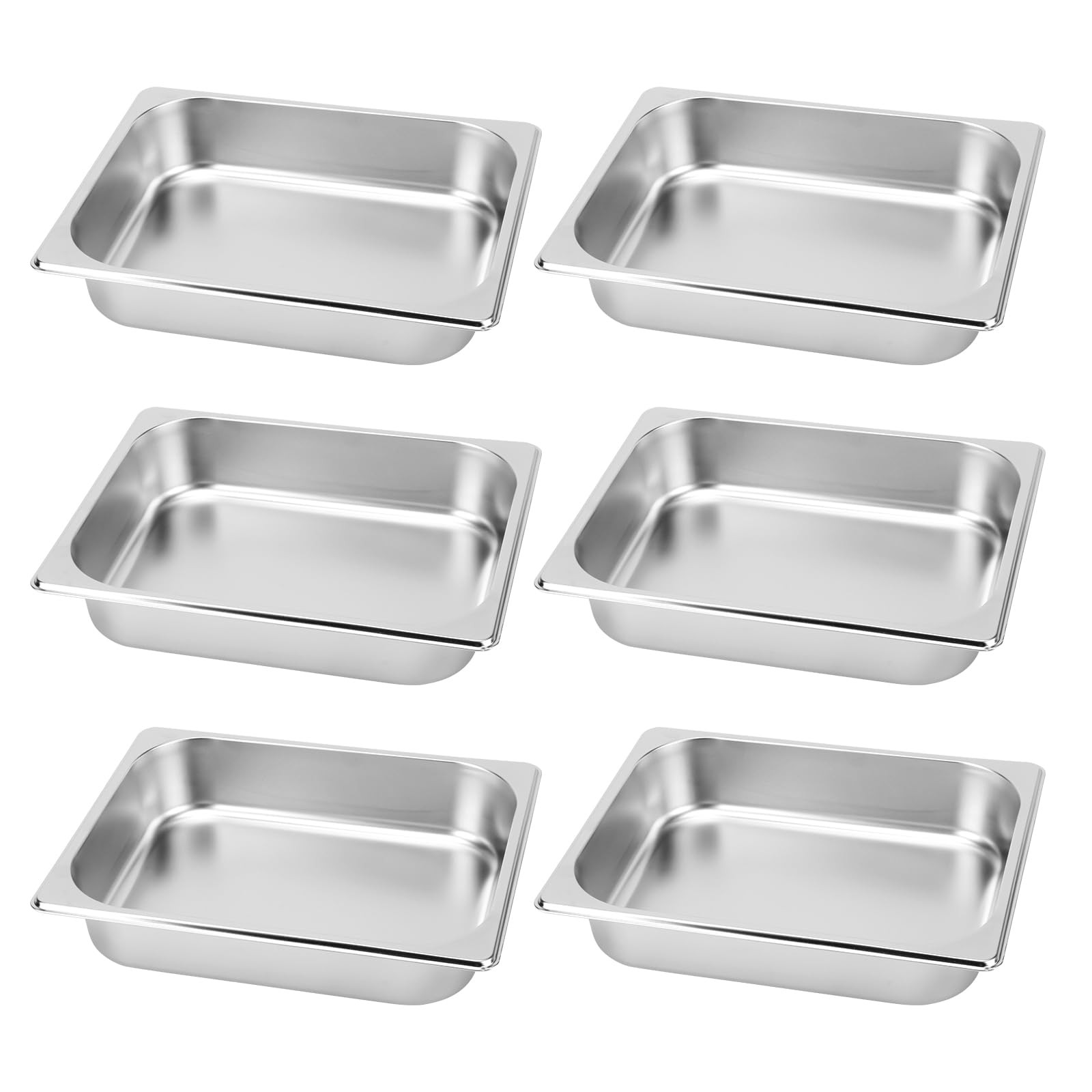 6 Pack 1/2 Half Size 2.5 Inch Deep Commercial Stainless Steel Hotel Pans Set