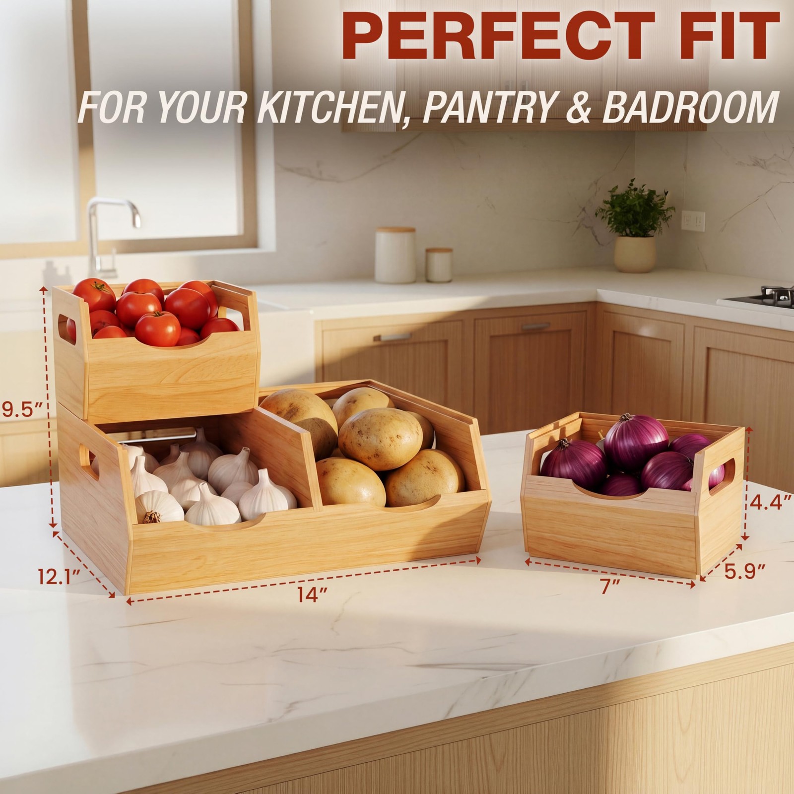 Stackable Solid Wood Storage Bins for Pantry & Countertop, Ventilated Potato …