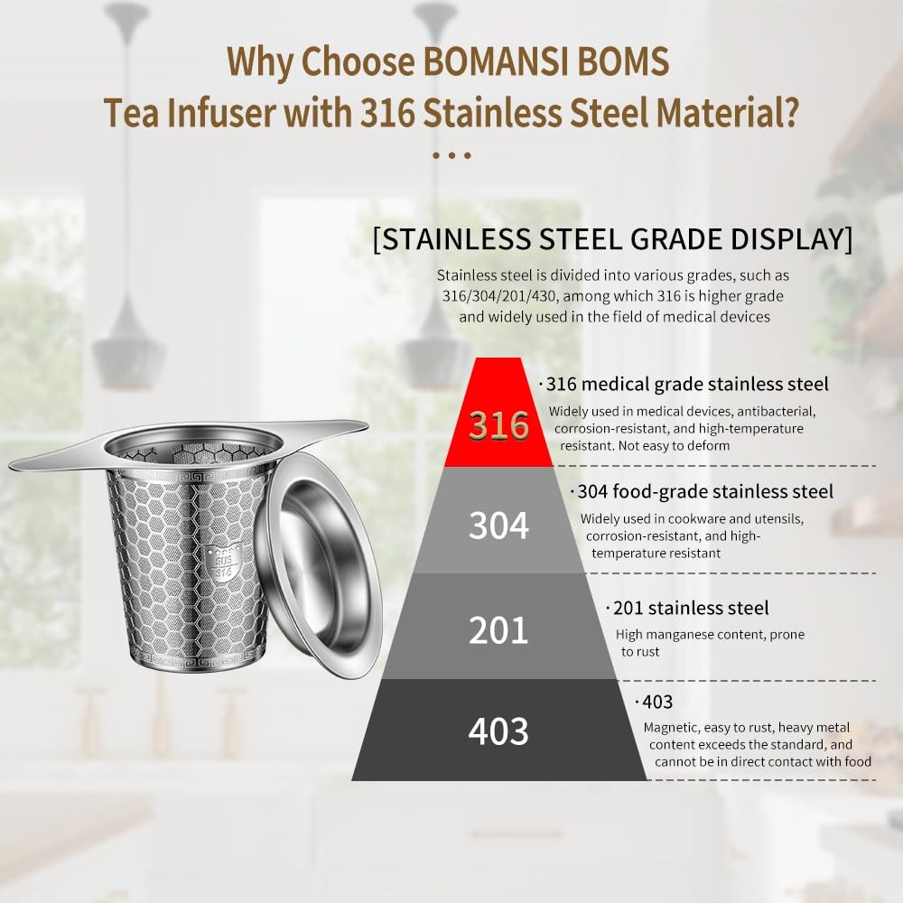 Tea Infuser for Loose Leaf Tea, BOMANSI BOMS 316 Stainless 1Pack, Silver