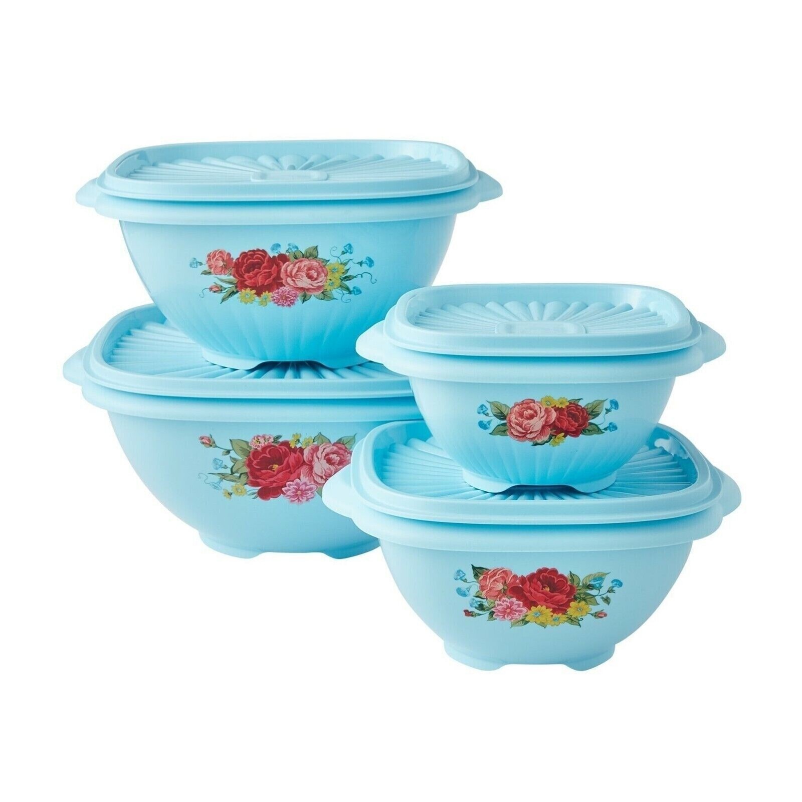Pioneer Woman Sweet Rose Bowls Blue Floral Food Storage Containers Lids 8-pc NEW