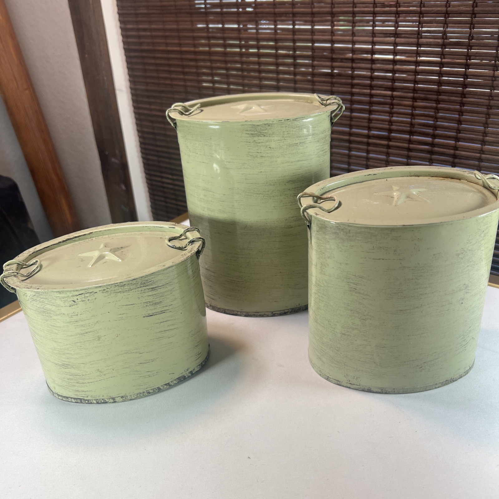 Three Piece Storage Tins Green Numbers Star On Lid.