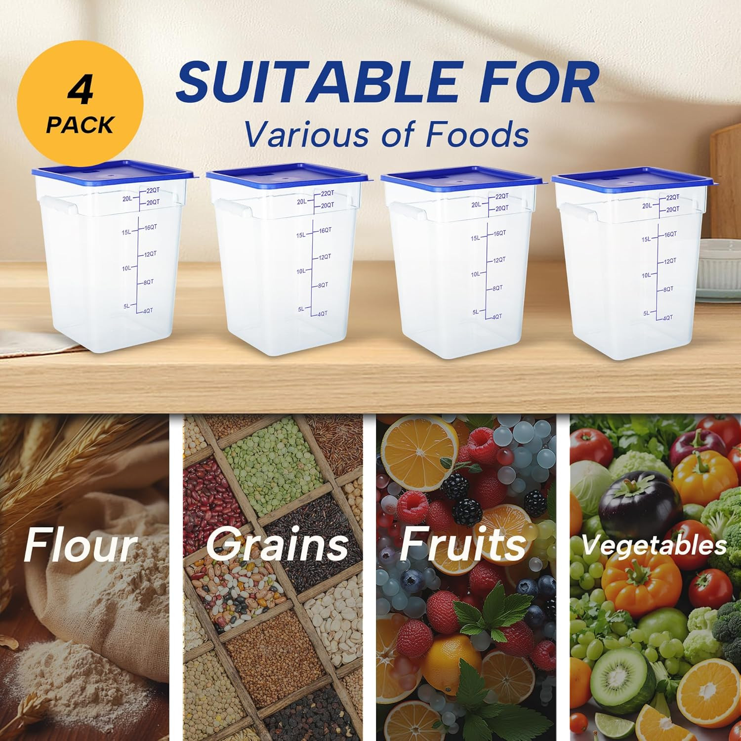 4 Pack 22 Quart Food Storage Containers with Lids, Polycarbonate Square Commerci