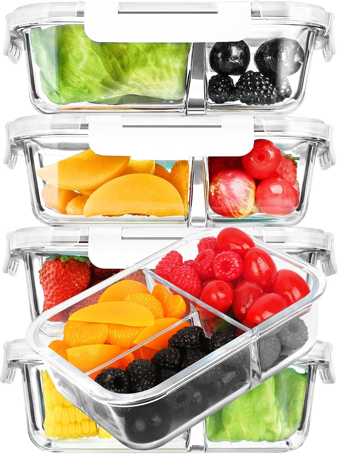 M MCIRCO [5-Pack,36 Oz] Glass Bento Box 3 Compartment with Lids, Food Meal Prep