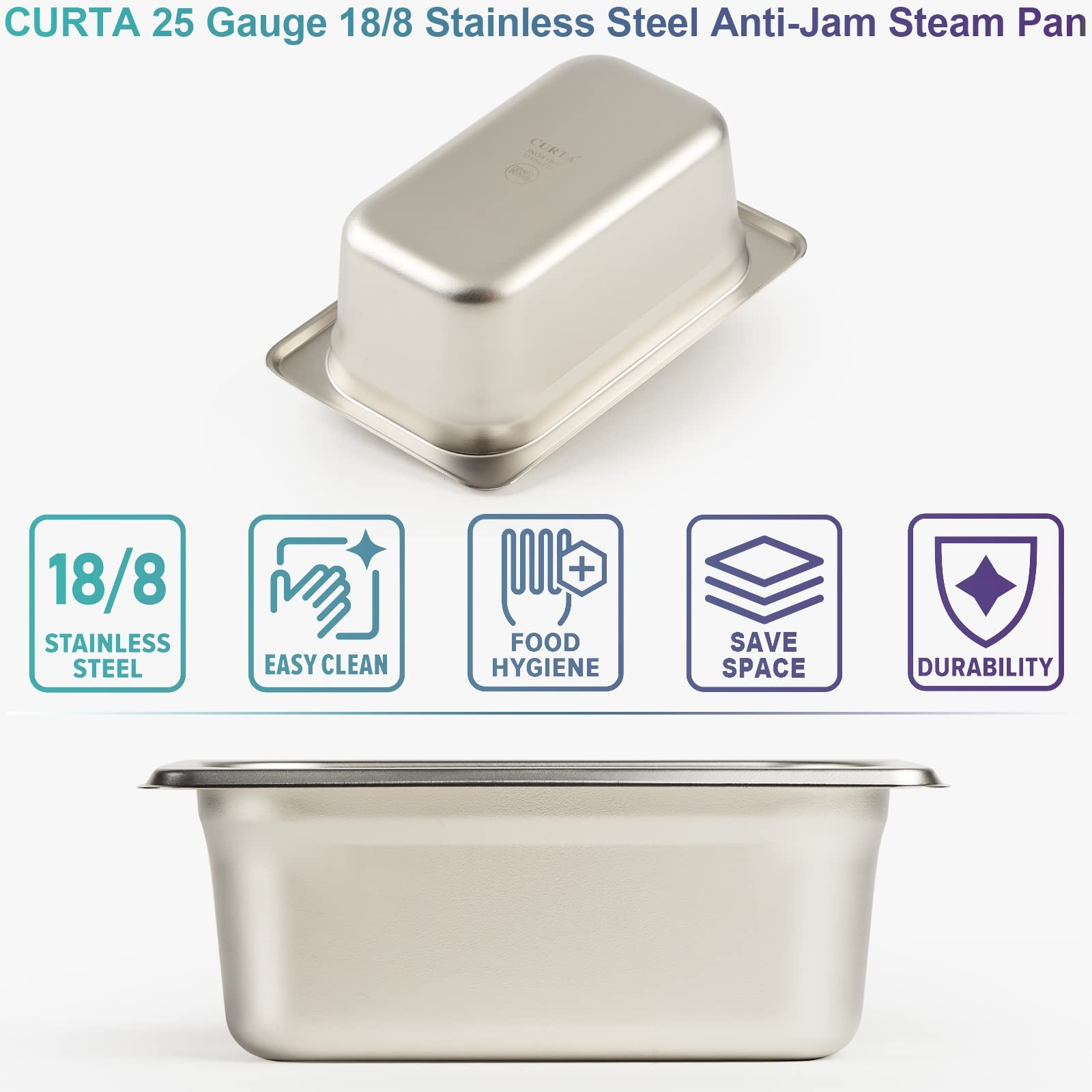 CURTA 6 Pack Anti-Jam Hotel Pans, 1/9 Size 2 1/2 Inch Deep, NSF Commercial 18…