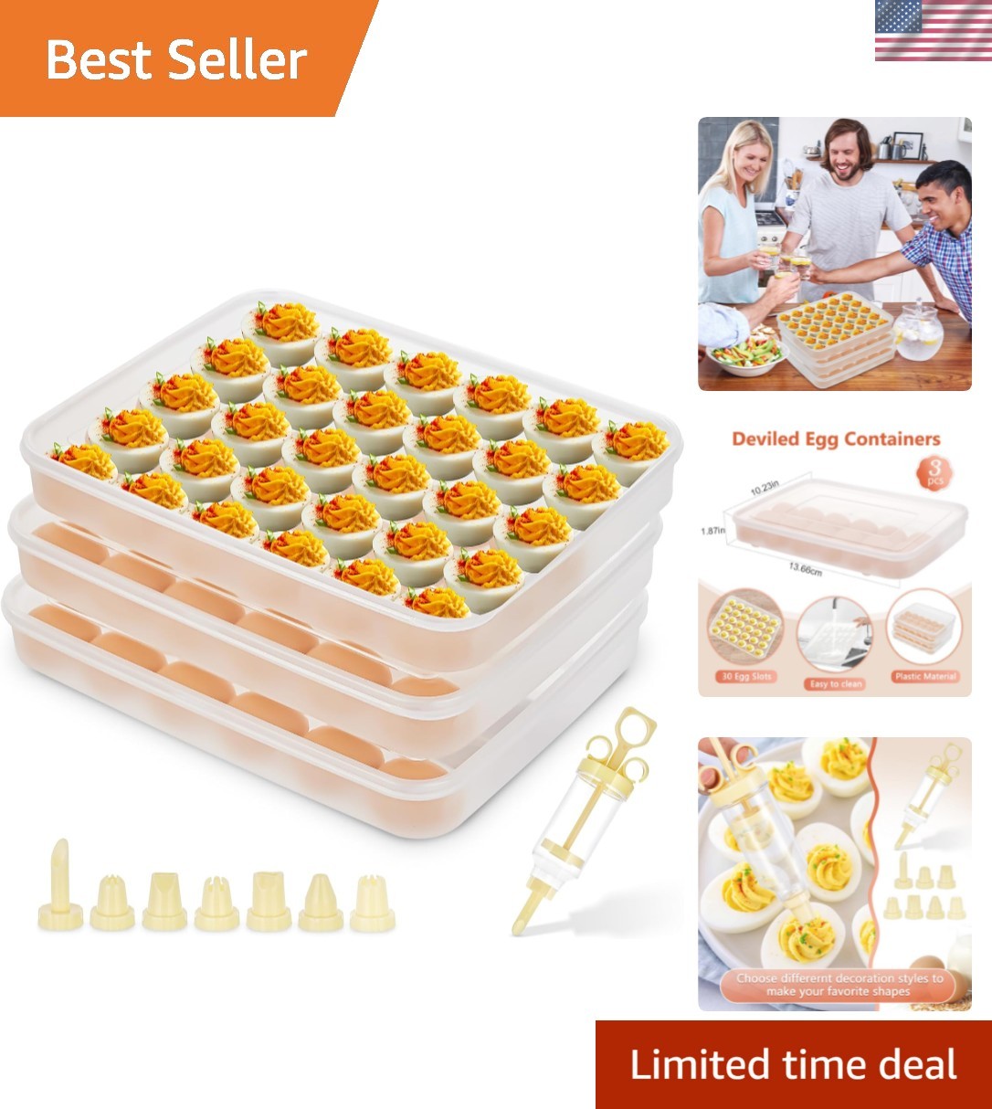 3 Pack Deviled Egg Containers with Lid and 8 Pcs Deviled Egg Injector Piping …