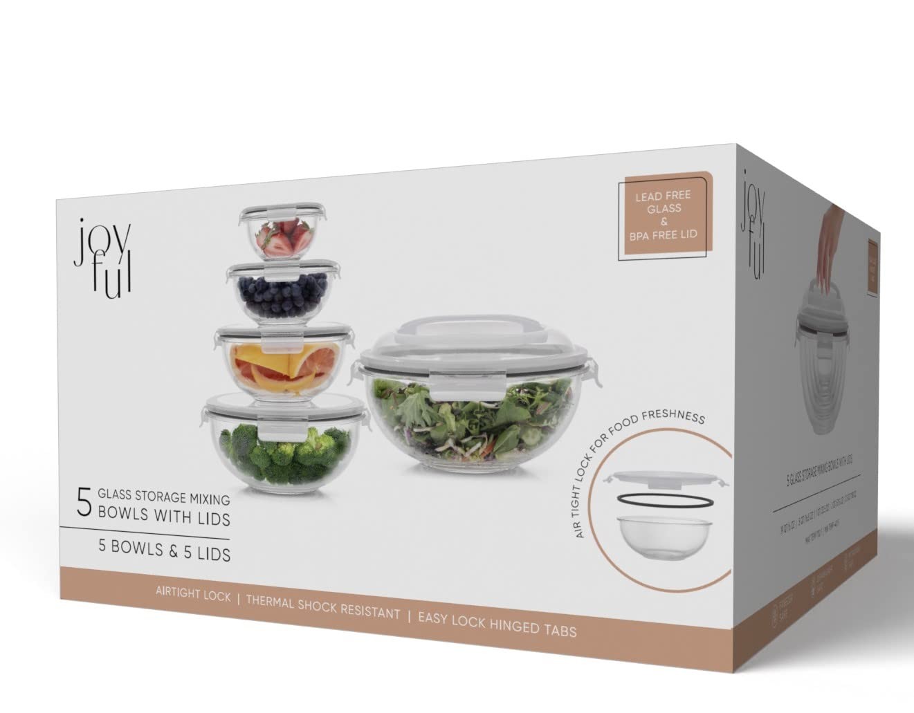 JoyJolt Kitchen Mixing Bowls. 5pc Glass Bowls with Lids Set – Neat Nesting Bo…