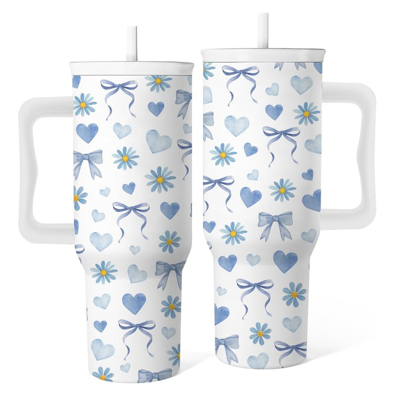 Rhonge Bow Tumbler Handle 40 Oz Blue Bow Insulated Tumbler For Women Christmas