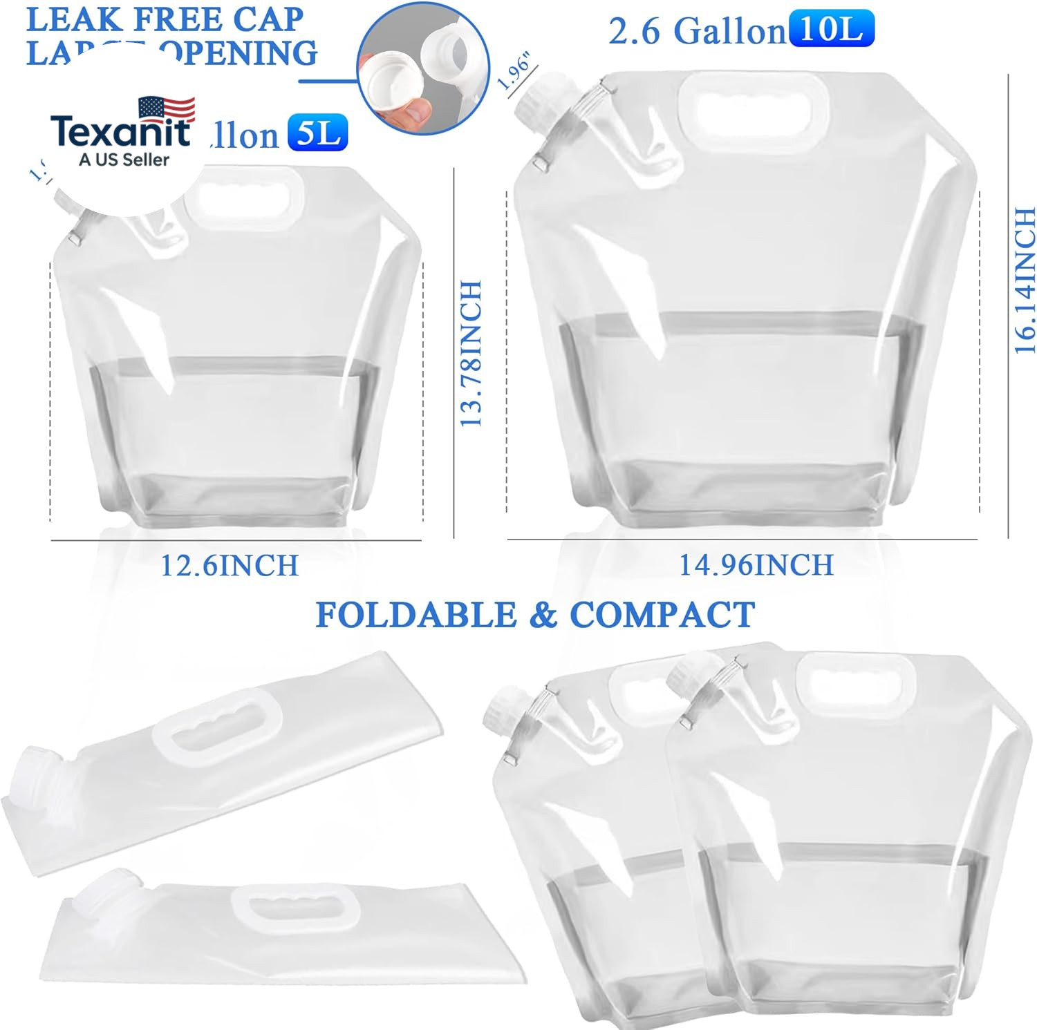 4 Pack Collapsible Water Jugs, 1.3/2.6 Gallon – BPA Free Clear Plastic Water Bag