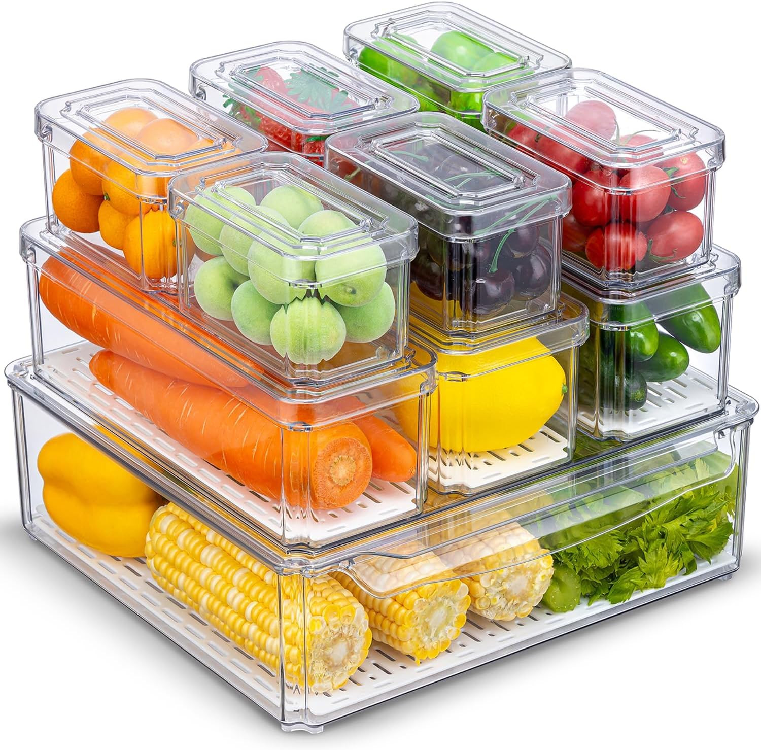 KUMD 10-Pack Clear Fridge Organizer Bins with Lids, Stackable Refrigerator Stora