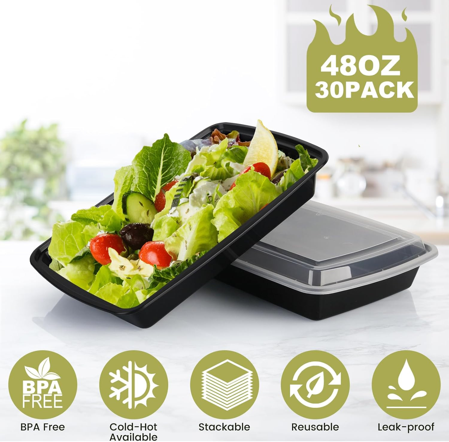 Meal Prep Containers Reusable – 48oz Food Storage Containers with Lids 30 Pack,