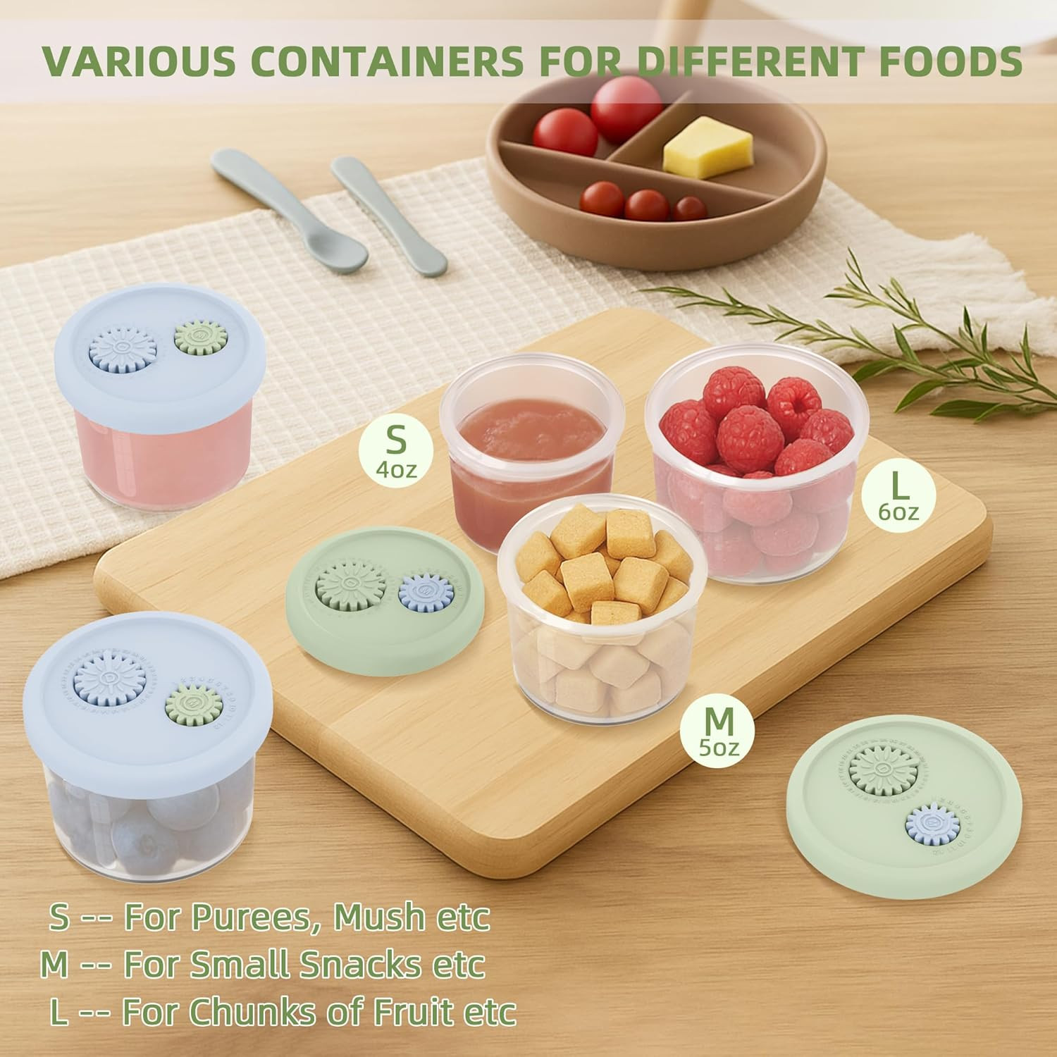 Silicone Baby Food Containers with Date-Tracking Lids, 6-Pack Reusable Snack Con