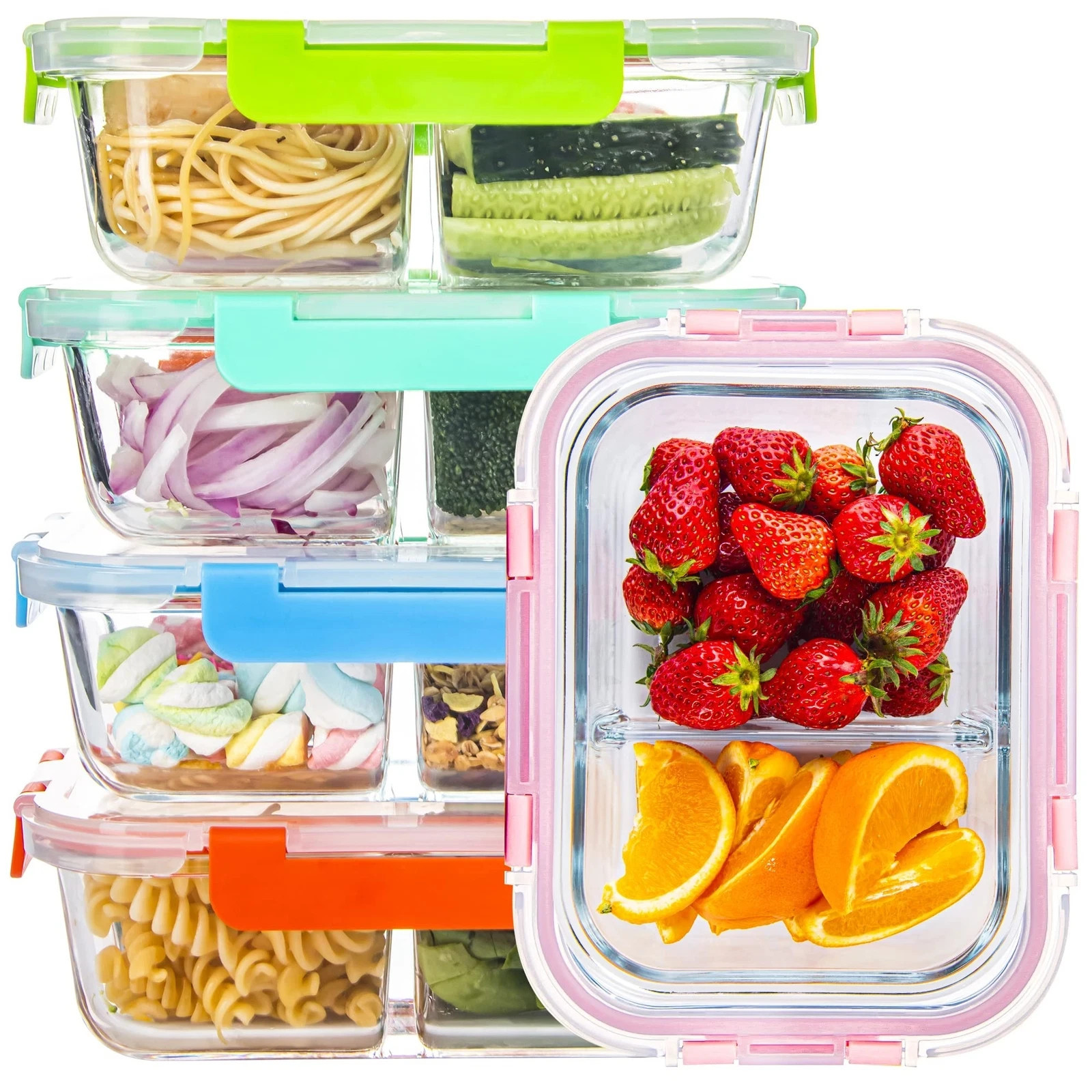 Glass Meal Prep Containers 2 Compartment with Lids (5 Pack 34Oz) Divided Storage