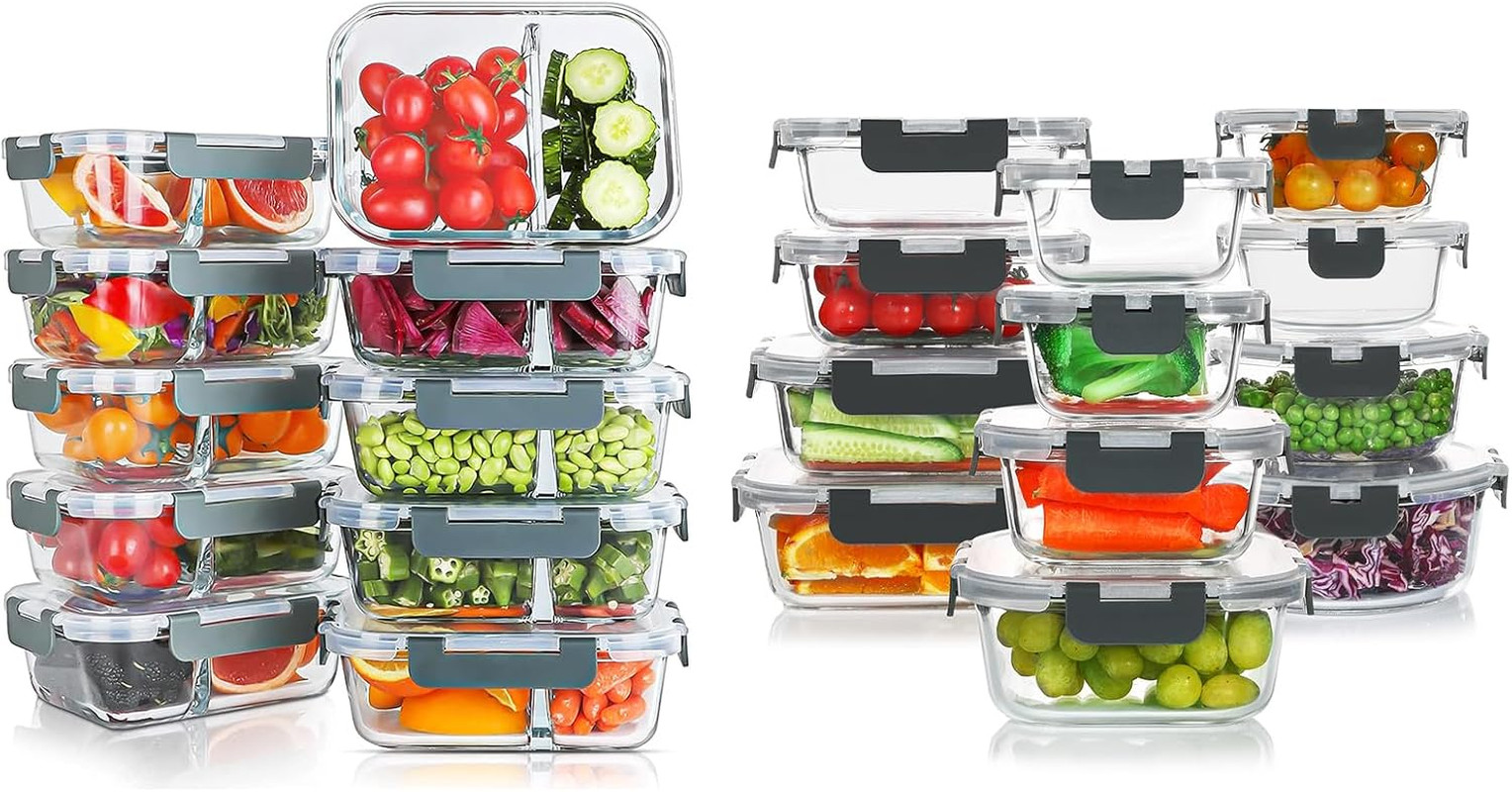 10 Packs 30 Oz Glass Meal Prep Containers 2 Compartment and 24 Pieces Glass Food