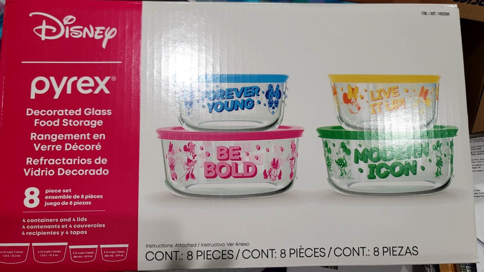 Disney Minnie Mouse Pyrex 8 Piece Glass Food Storage Bowls with Lids Set NEW