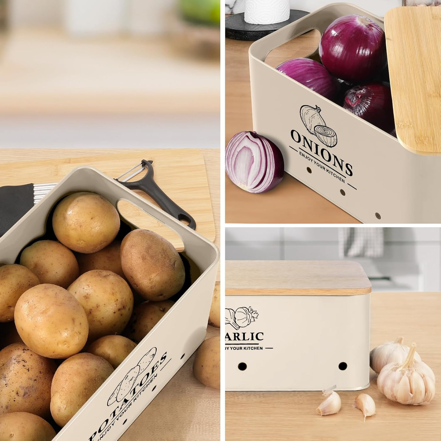 Kitchen Vegetable Storage Set of 3, Metal Onion Garlic Potato Storage Set, Kitch