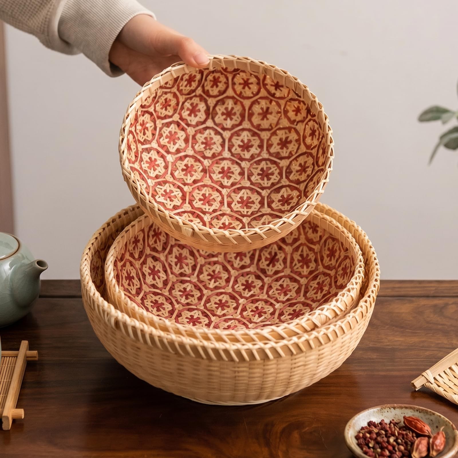 Set of 3 Round Wicker Fruit Baskets, Kitchen Wicker Woven Bread Basket Stacka…
