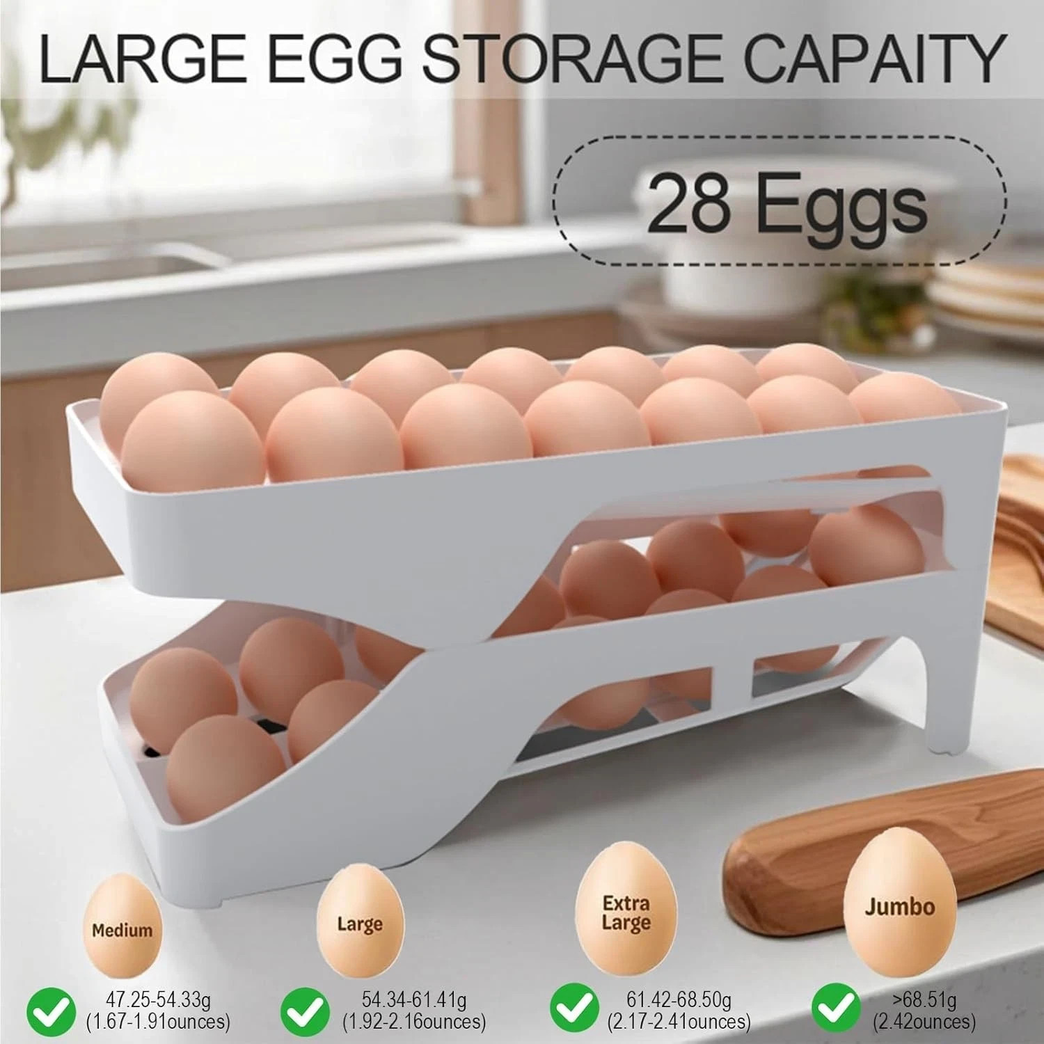 Egg dispenser for refrigerator, Automatic rolling egg holder for fridge, Space s