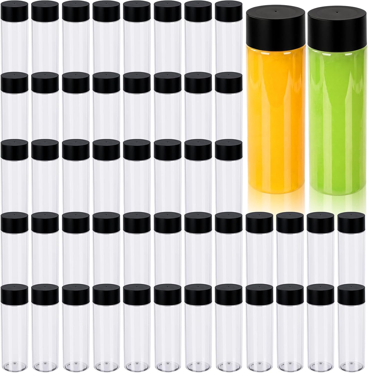 50 Pcs Plastic Juice Bottles with Black Lids Sensory Bottles round Clear Drink C