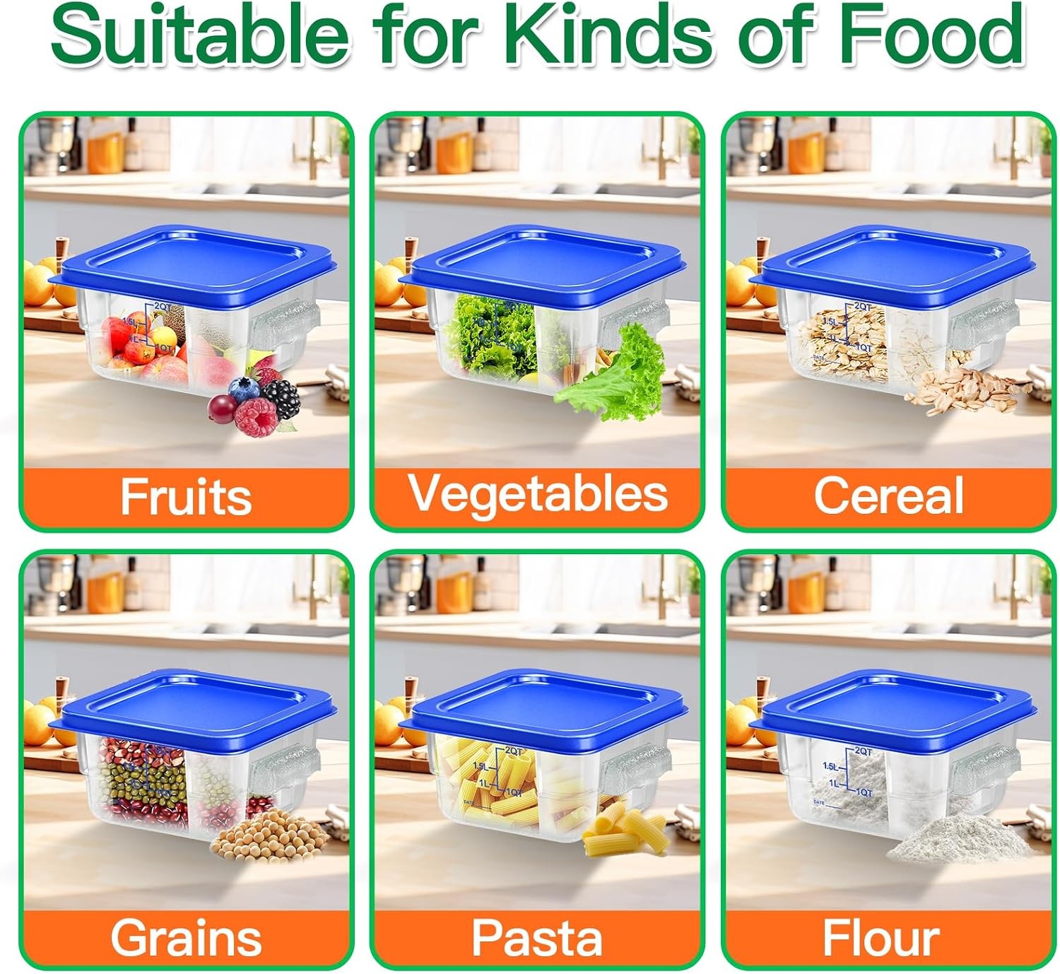 6 pcs 2qt Food Storage Containers W/ Lid Square Clear Commercial Food Storage