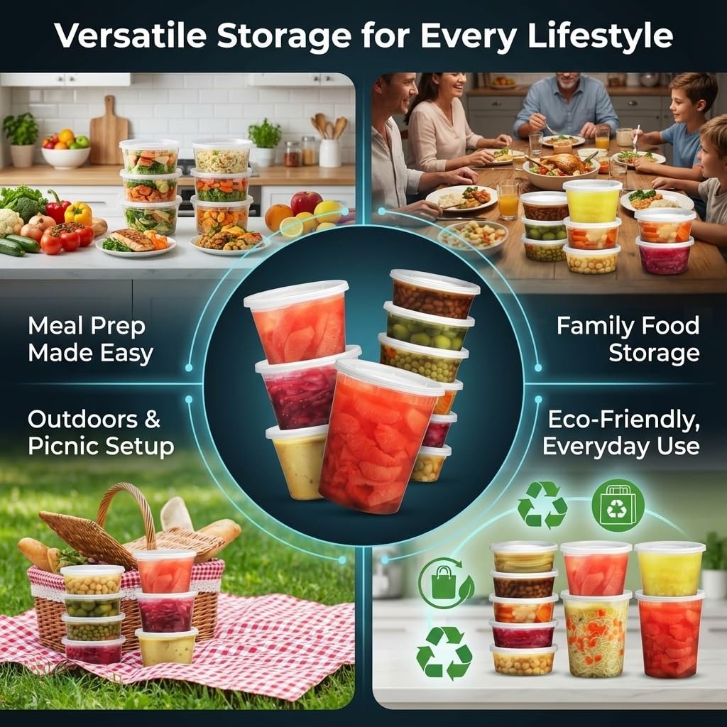 24 Sets Deli Containers with Lids – 8Oz, 16Oz & 32Oz – Leak Proof, Microwaveable