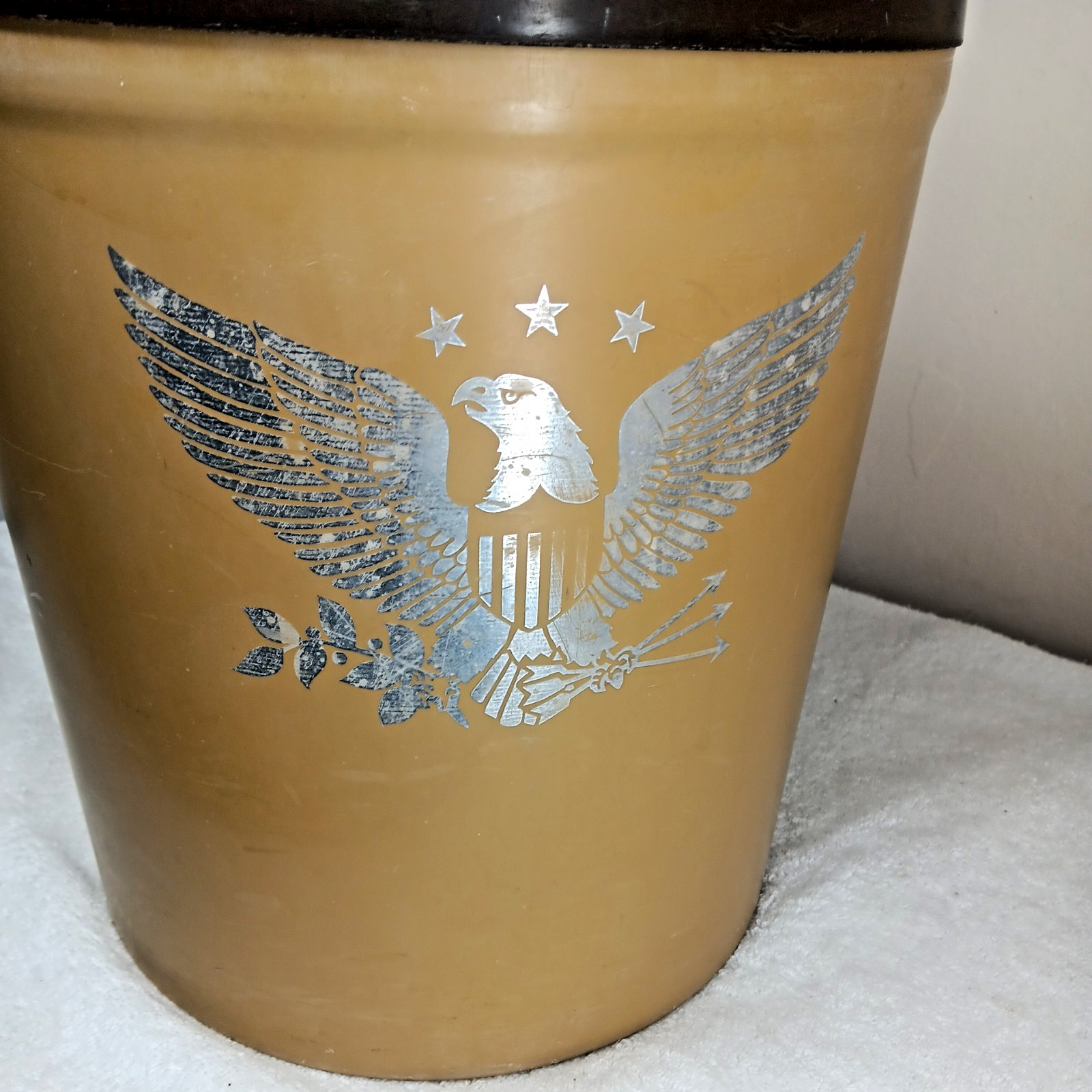 very large plastic “little brown jug”storage container American emblem on front