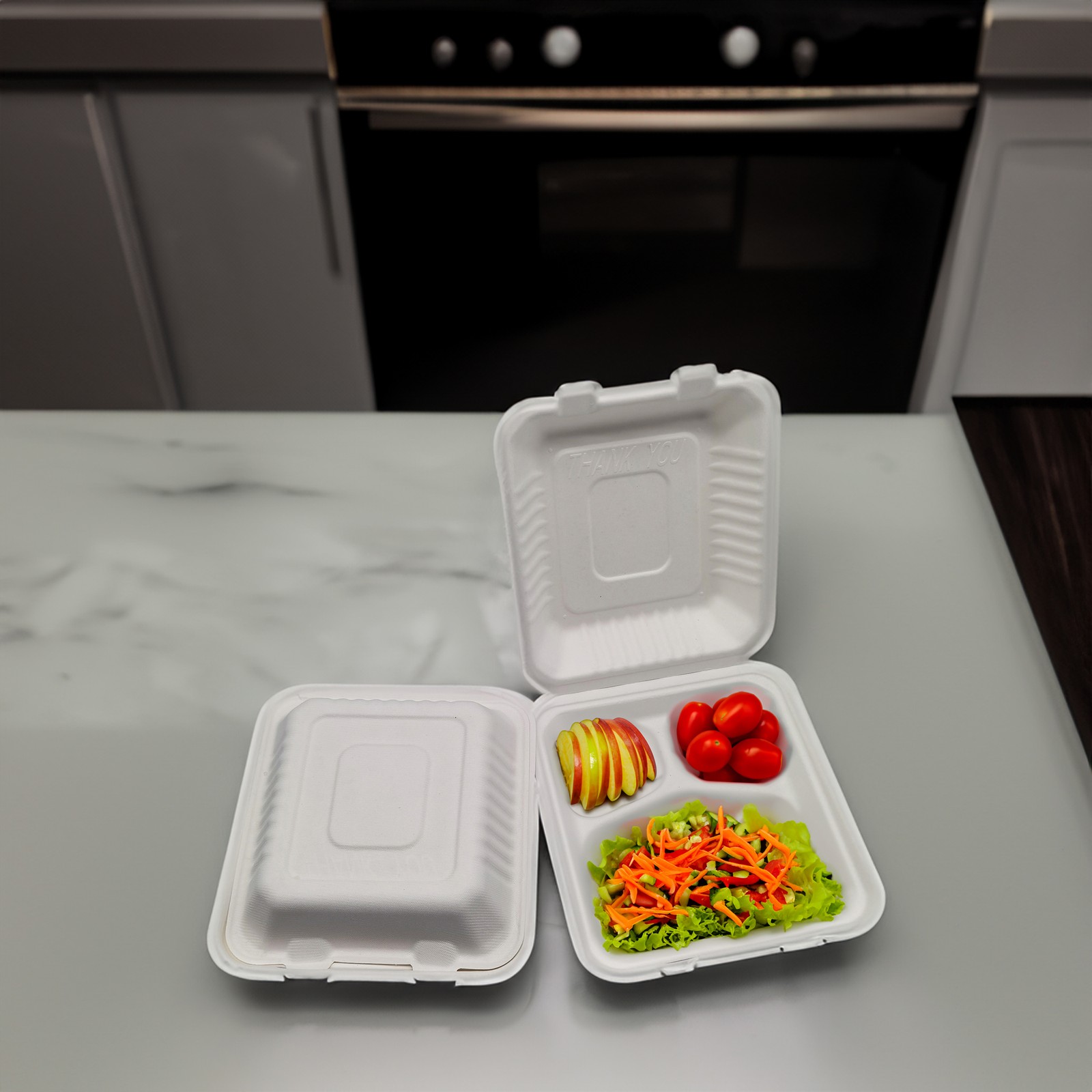 3-Compartment Hinged White Take Out Containers – 9″ – 200 Count