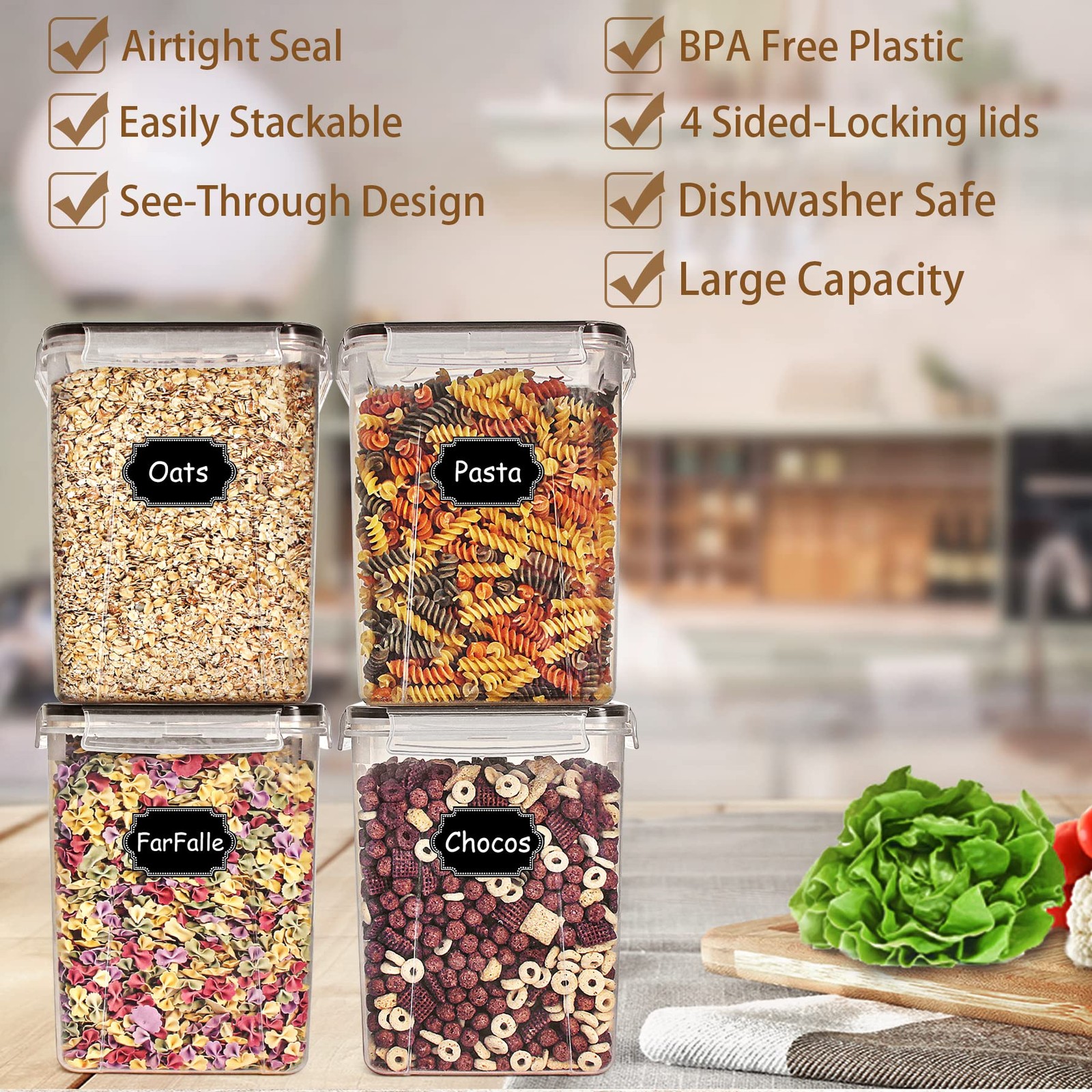 Large Food Storage Containers 5.2l /175oz 4 Piece Bpa Free Plastic Airtight Food