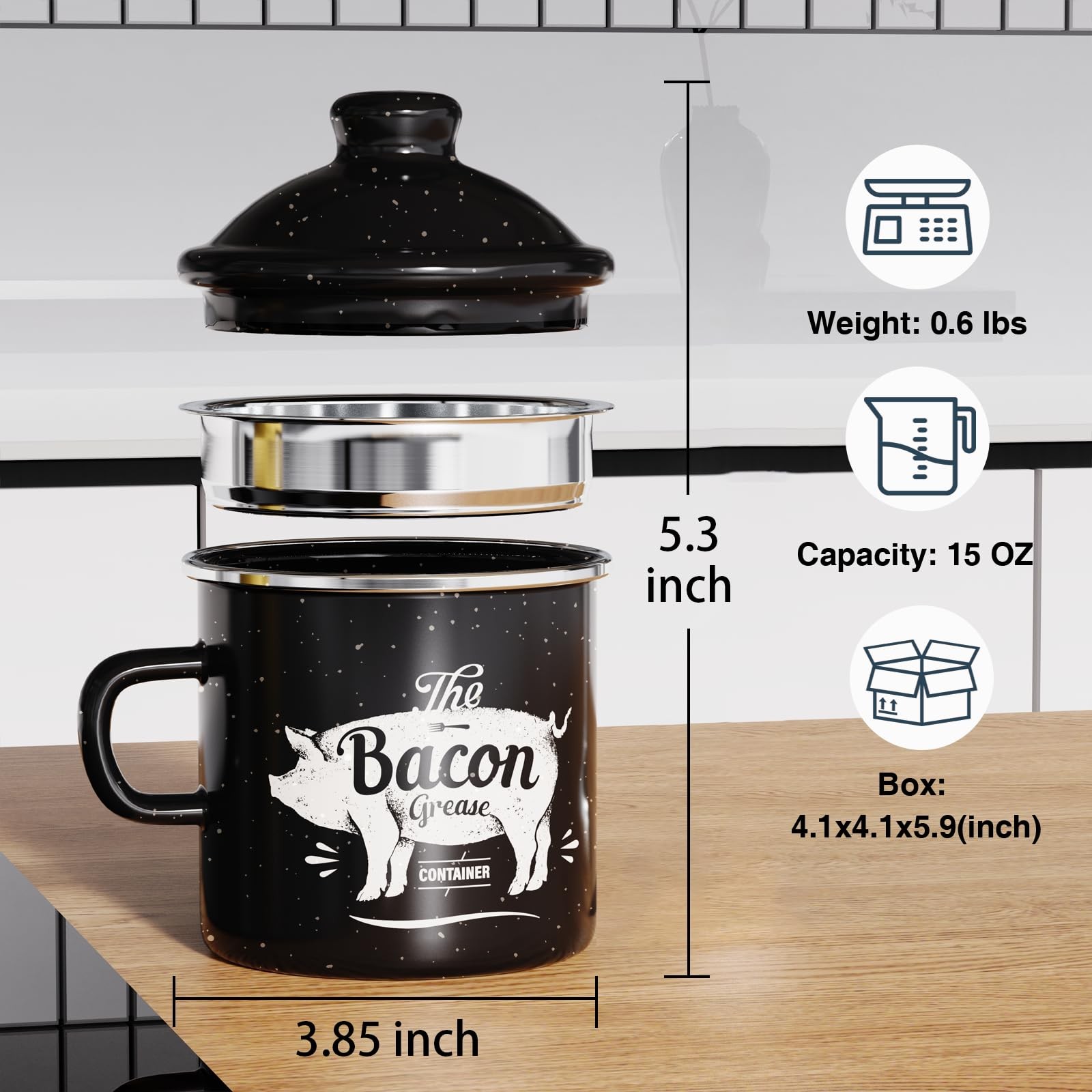 Mini Bacon Grease Container With Strainer – 15OZ Enamel Grease Saver, Farmhou…