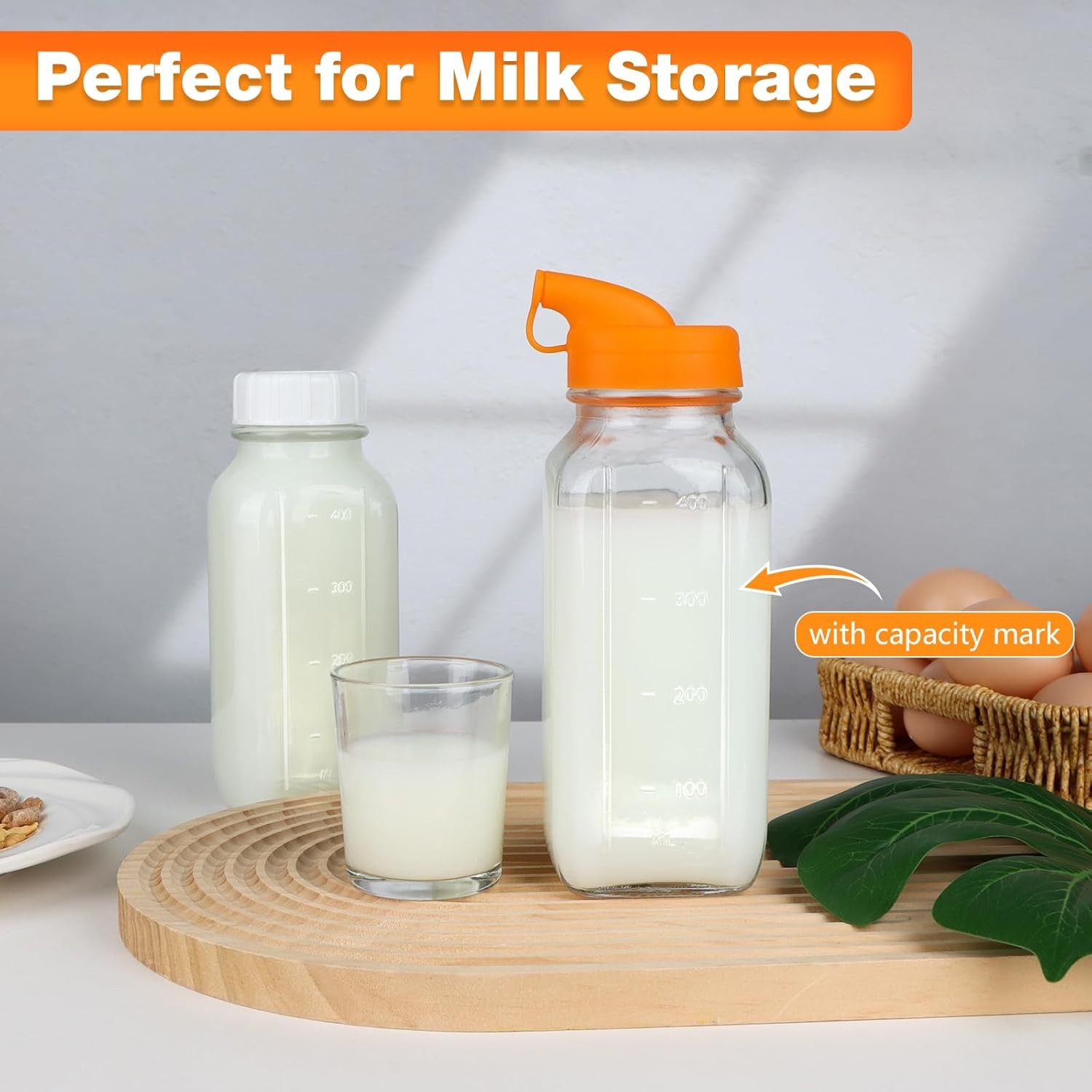 4 Pack 16 OZ Glass Milk Bottles W/ Lids Glass Juice Bottles W/ Scale & Silicone