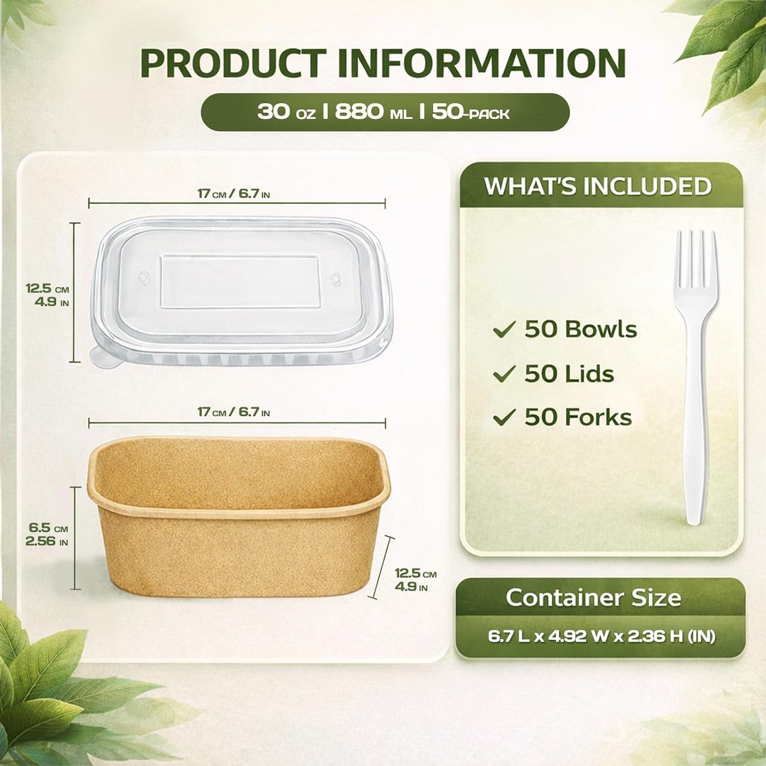 50 Pack 25 OZ Disposable Meal Prep Containers W/ Lids & Forks Large Kraft Paper