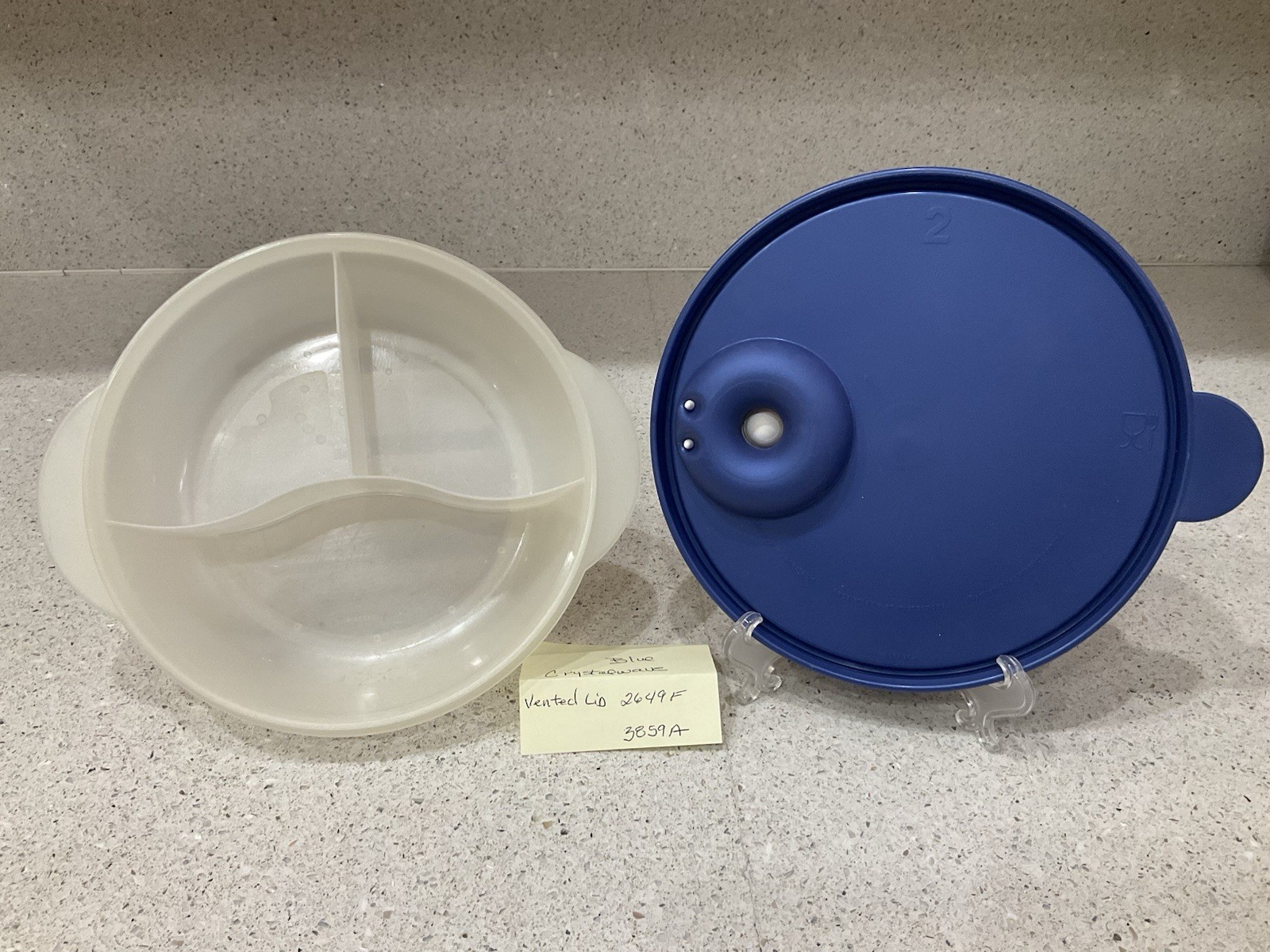 Tupperware 3859A Crystalwave Divided 3pc Lunch Container & Blue Vented Lid 2649F