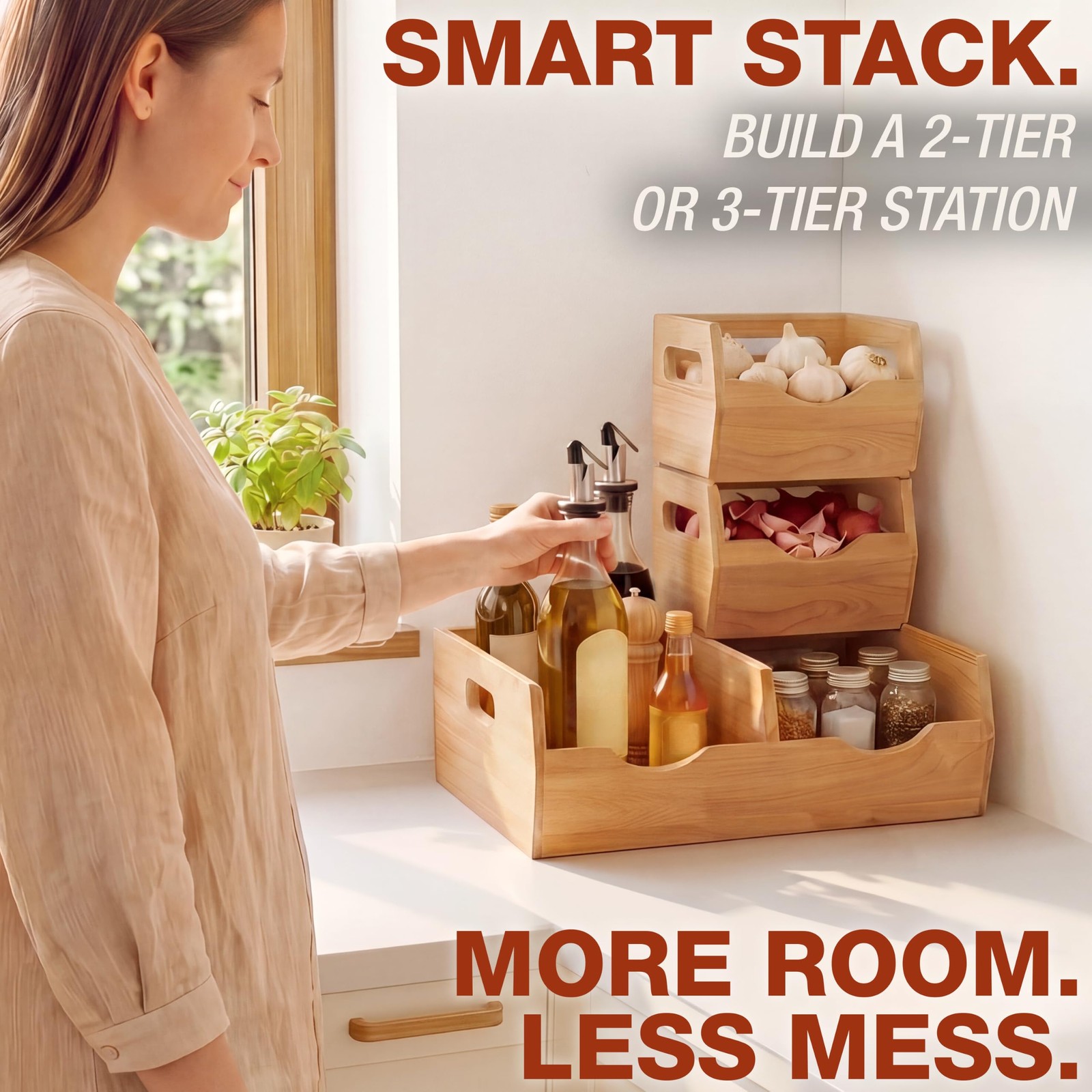Stackable Solid Wood Storage Bins for Pantry & Countertop, Ventilated Potato …