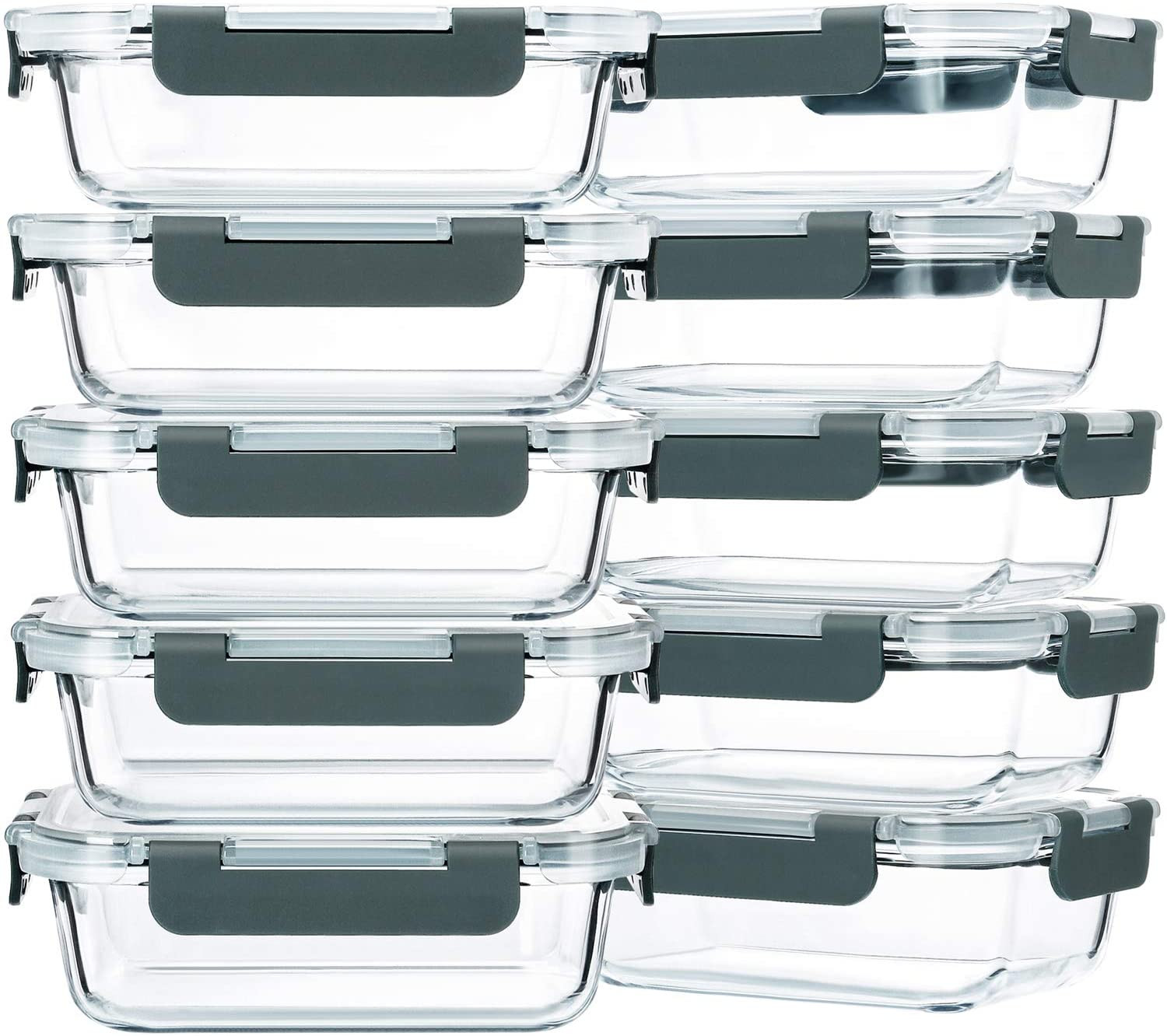 Glass Meal Prep Containers 10-Pack 22 Oz Food Storage Containers with Lids Gray