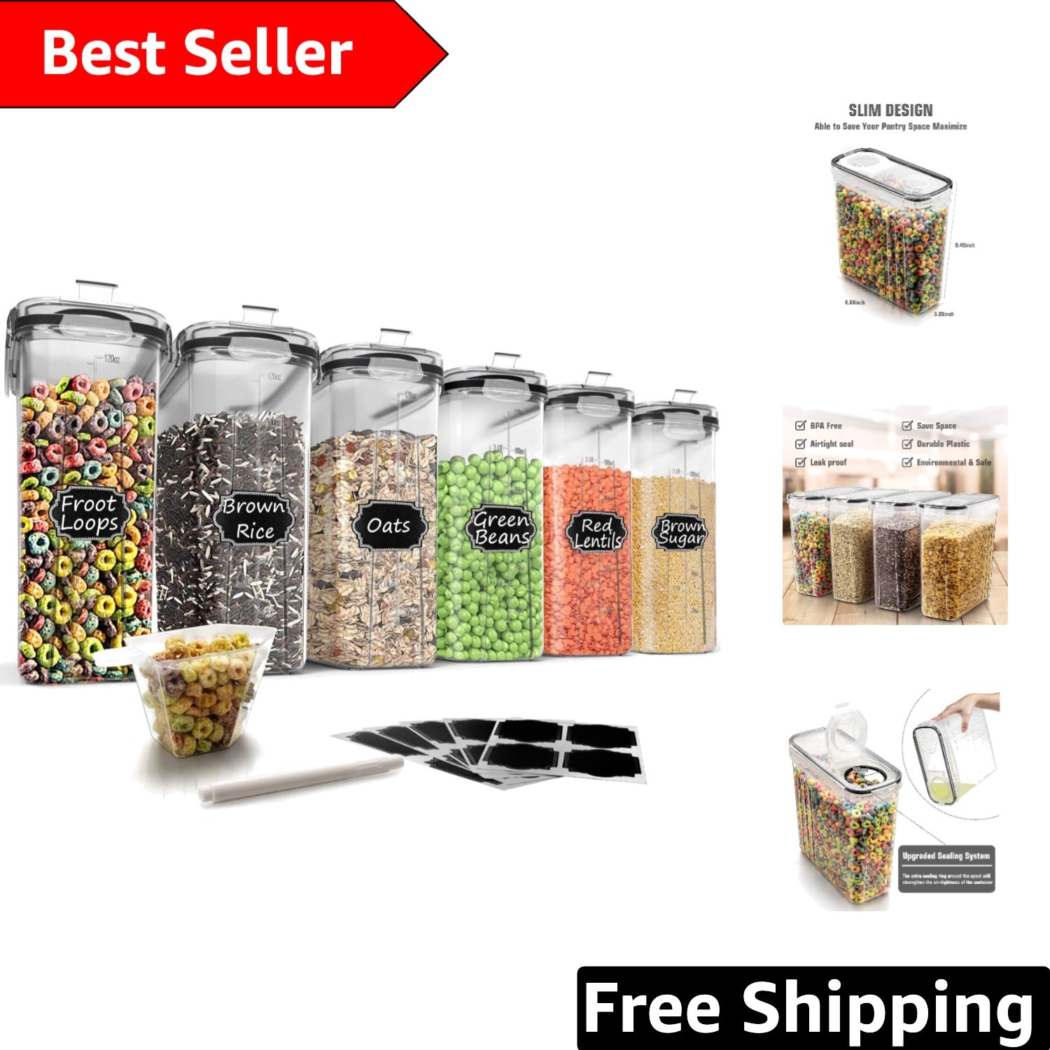Elegant Airtight Cereal Storage Set, 6 x 4L Containers with Labels – BPA Free