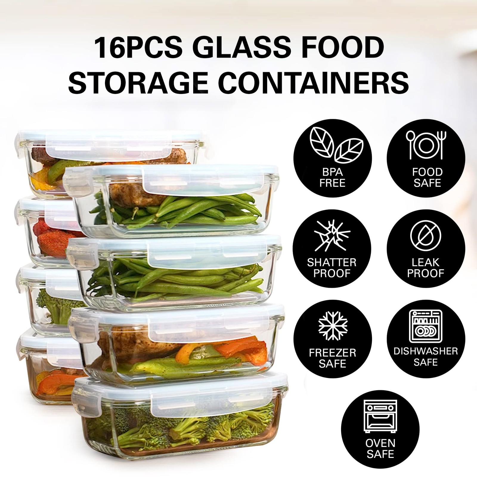 Glass Food Storage Containers With Lids 30 Oz 16 Pc set Of 8 Airtight Large Re