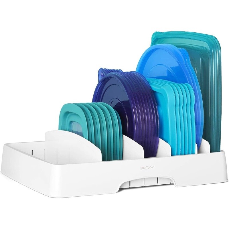 Adjustable Food Container Lid Organizer W/ Handles Flexible Storage Solution New
