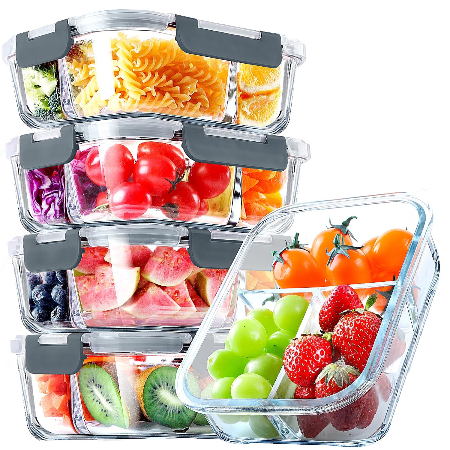 5 Pack Glass Meal Prep Containers 3 Compartment Set, 36OZ Airtight Glass Lunc…