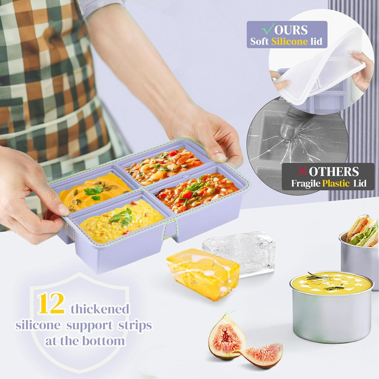 2 PACK 1 Cup Silicone Freezer Trays With Lid For Freeze & Store Soup, Broth, Lef